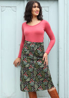 Belt Loop Skirt a-line below the knee length womens skirt with thick waistband and belt loops side zipper 100% cotton black background green and pink floral print | Karma East Australia