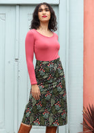 below knee cotton skirt with wide waistband and side zip