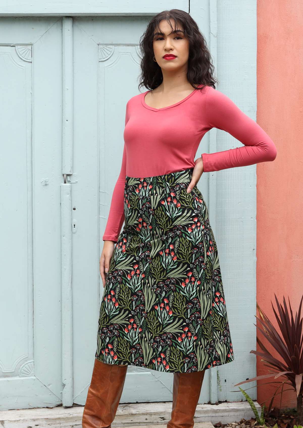 black base pink and green floral print cotton skirt