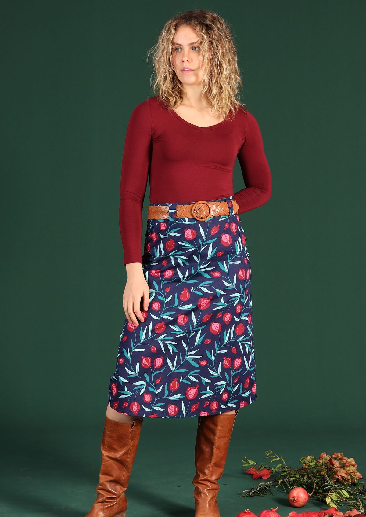 Women wears 100% cotton skirt with pomegranate print