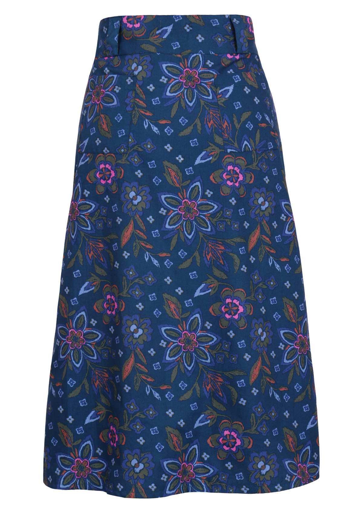 Blue belt loop skirt has a side zip and pockets on the back.