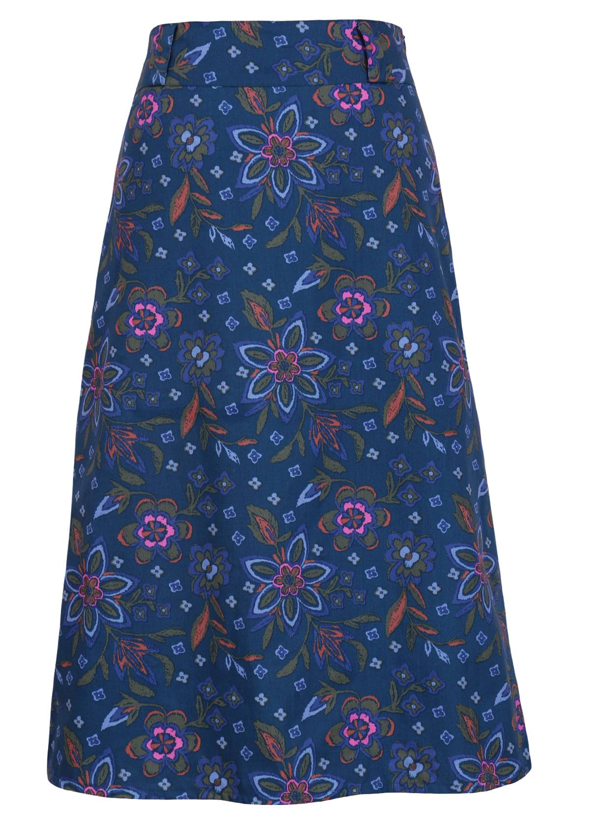 Midi length floral skirt with belt loops. 