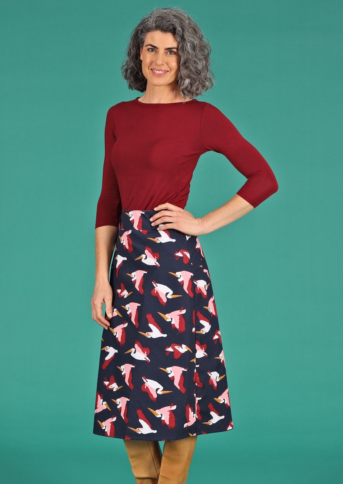 mid length cotton skirt with pelican print