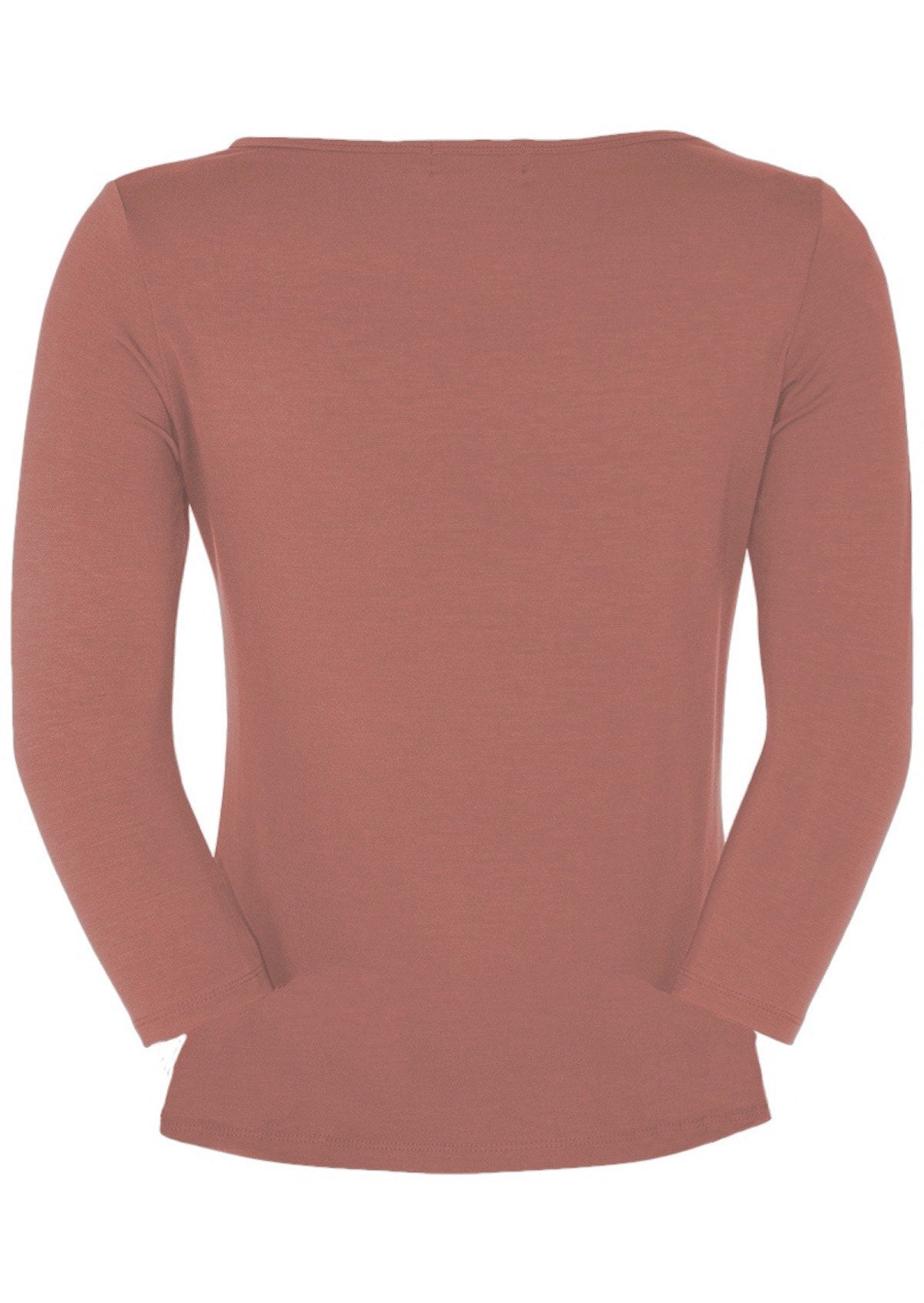 Back view of a women's rayon boat neck dusty pink 3/4 sleeve top.