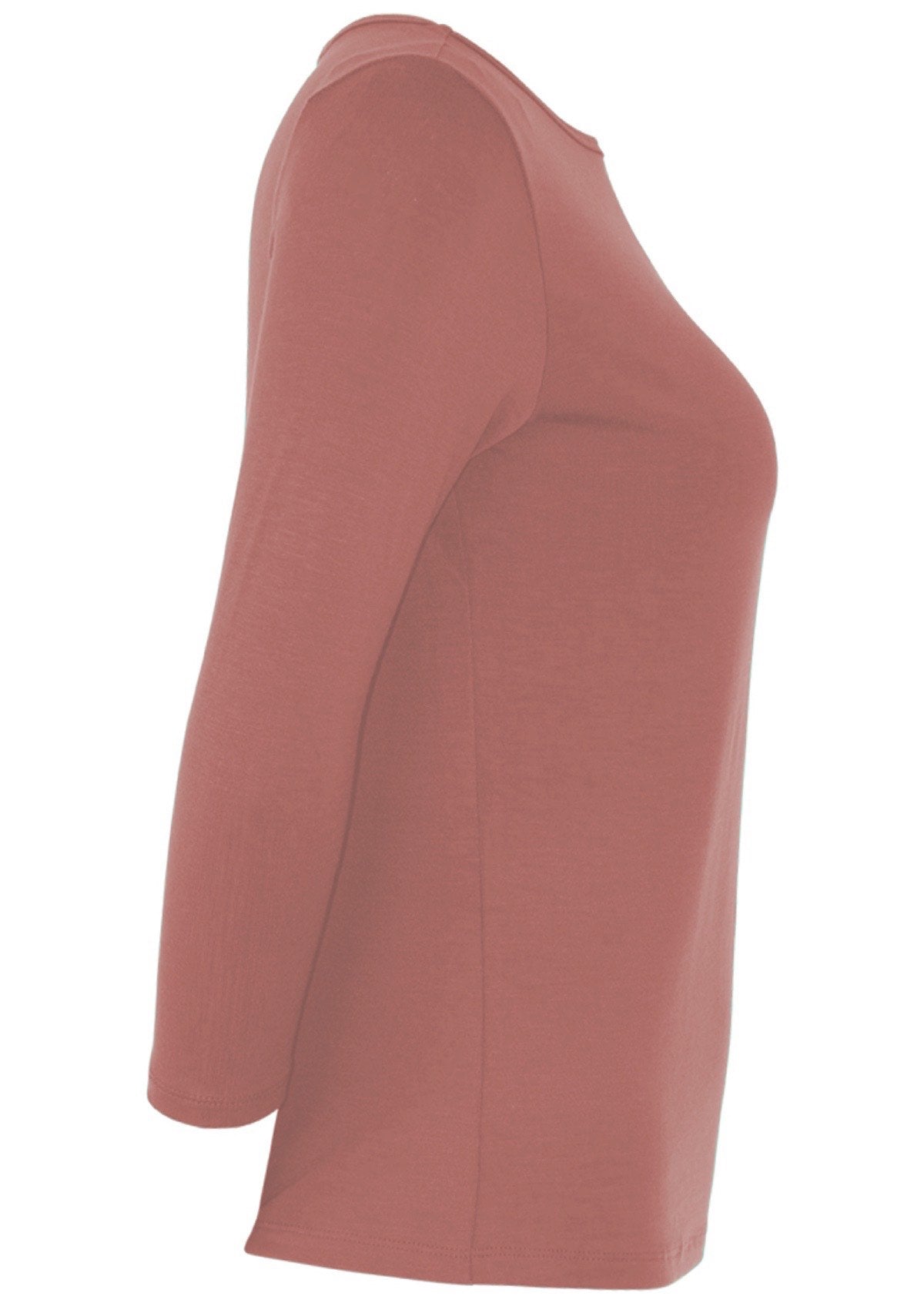 Side view of a women's rayon boat neck dusty pink 3/4 sleeve top.