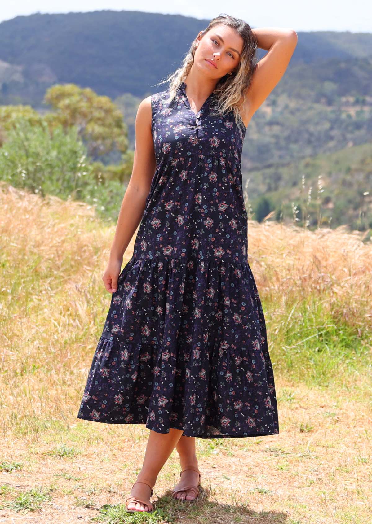 Boho Australia Navy Midi Dress Australia Sleeveless Boho Tiered