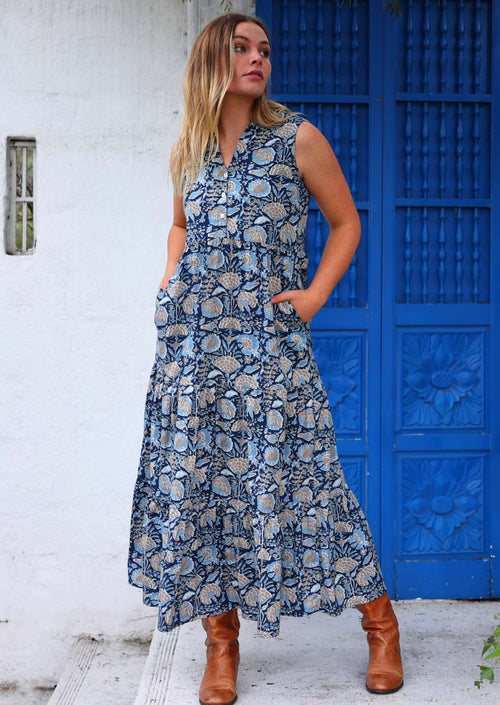 Blue Floral Boho Tiered Dress Blue Boho Maxi Dress Short Sleeve V