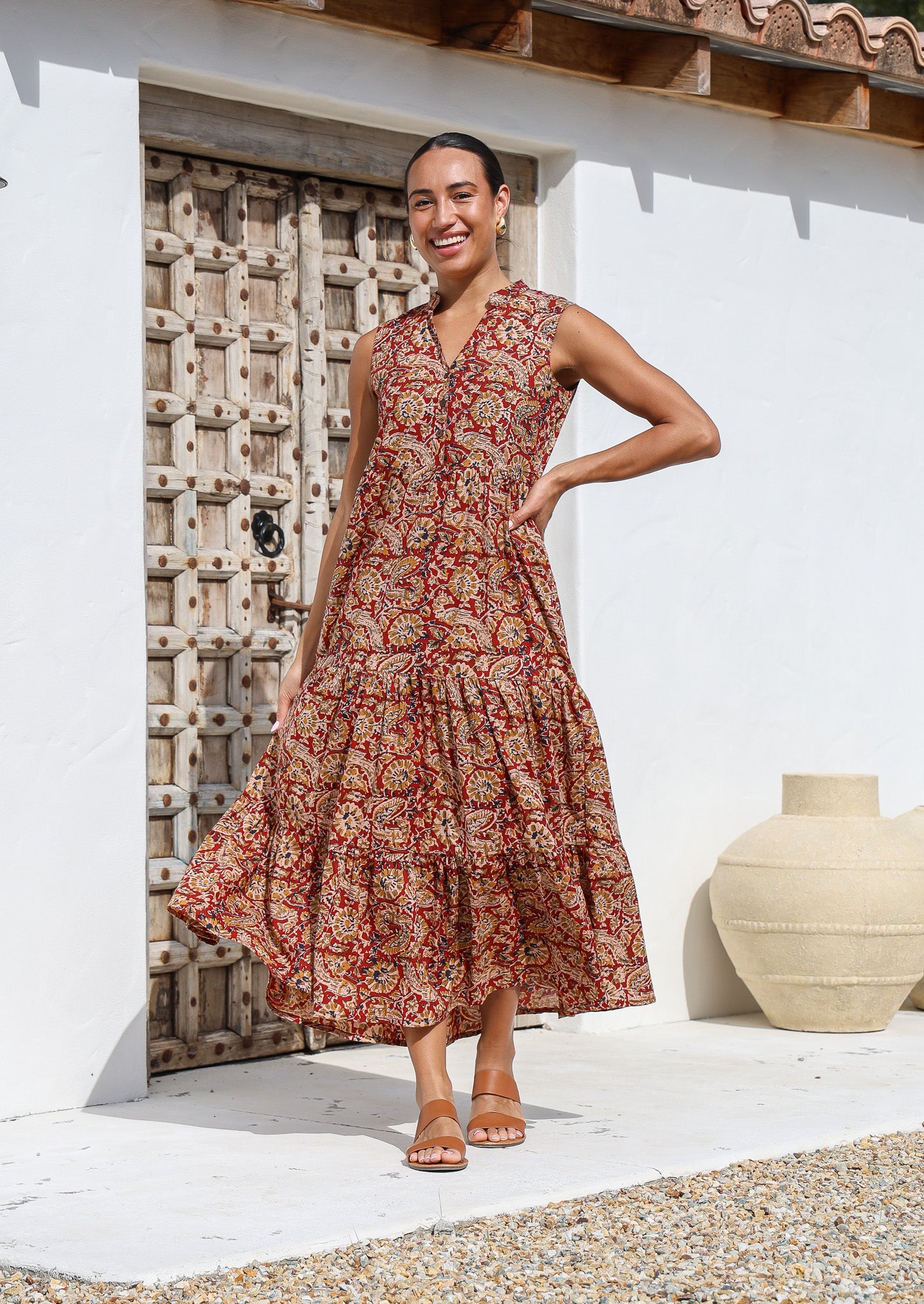 indian cotton boho dresses Pure Long Dress Block Print Colourful Summer Earthy Elegant Comfy Daywear Mom Outfit Slate Denim Steel Blue Gingko Floral Bust 44 Daughters of India | Dresses