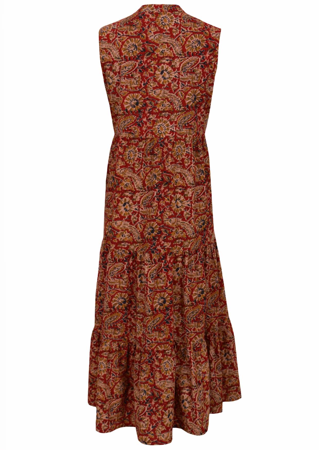 100% cotton sleeveless maxi dress with delicate earthy florals on red base.