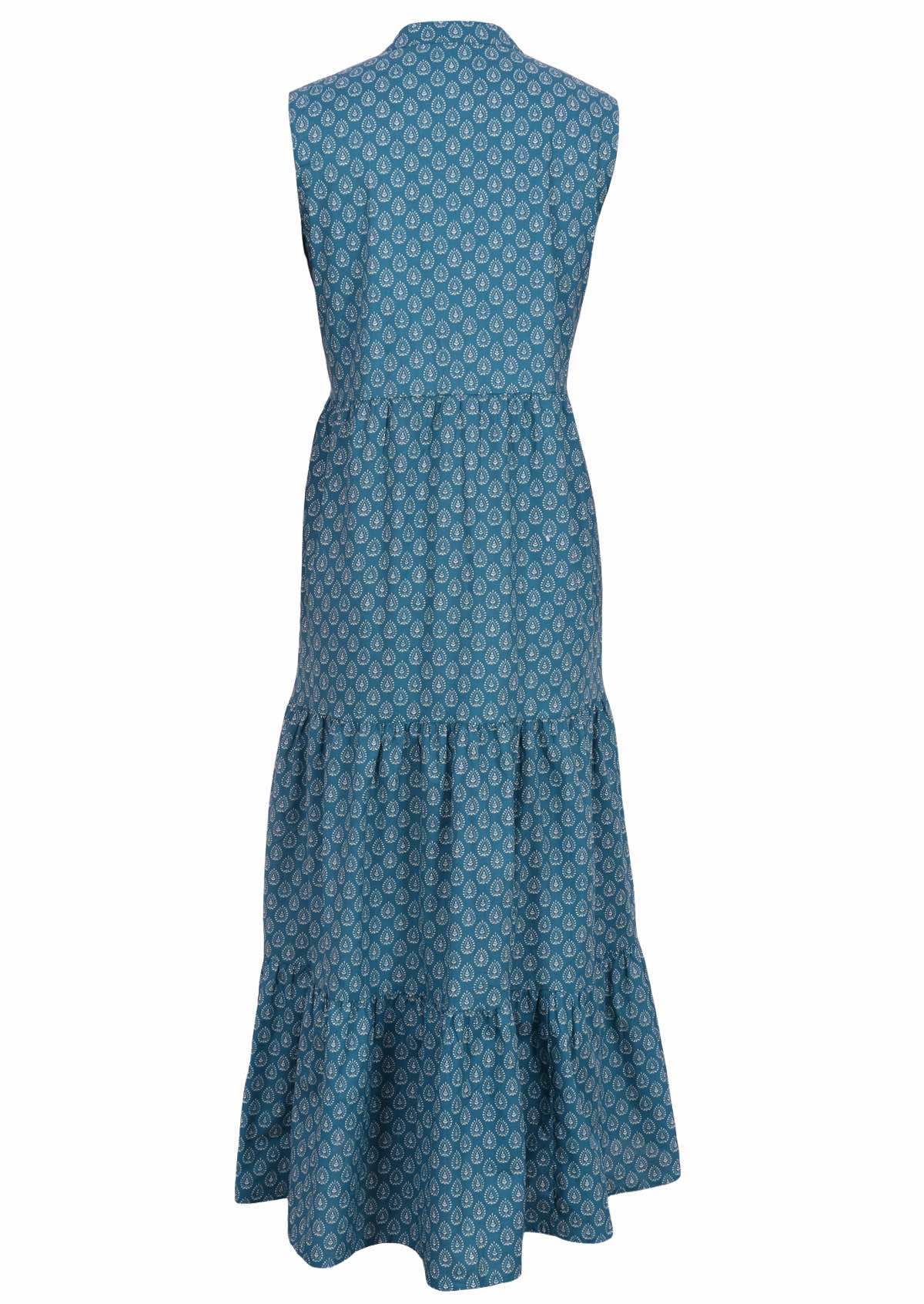 White print on blue base cotton maxi dress
