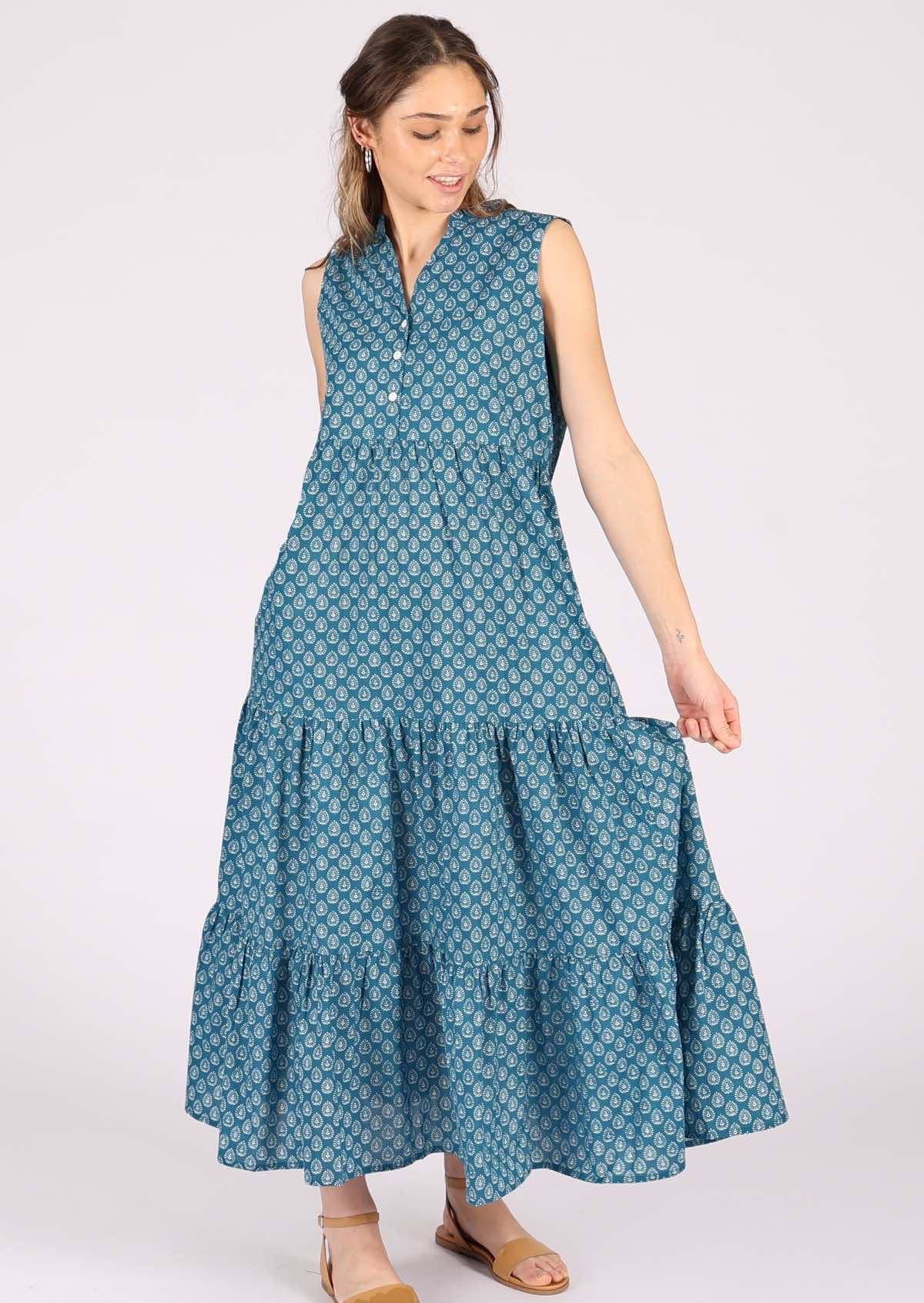 Blue base white print cotton maxi dress