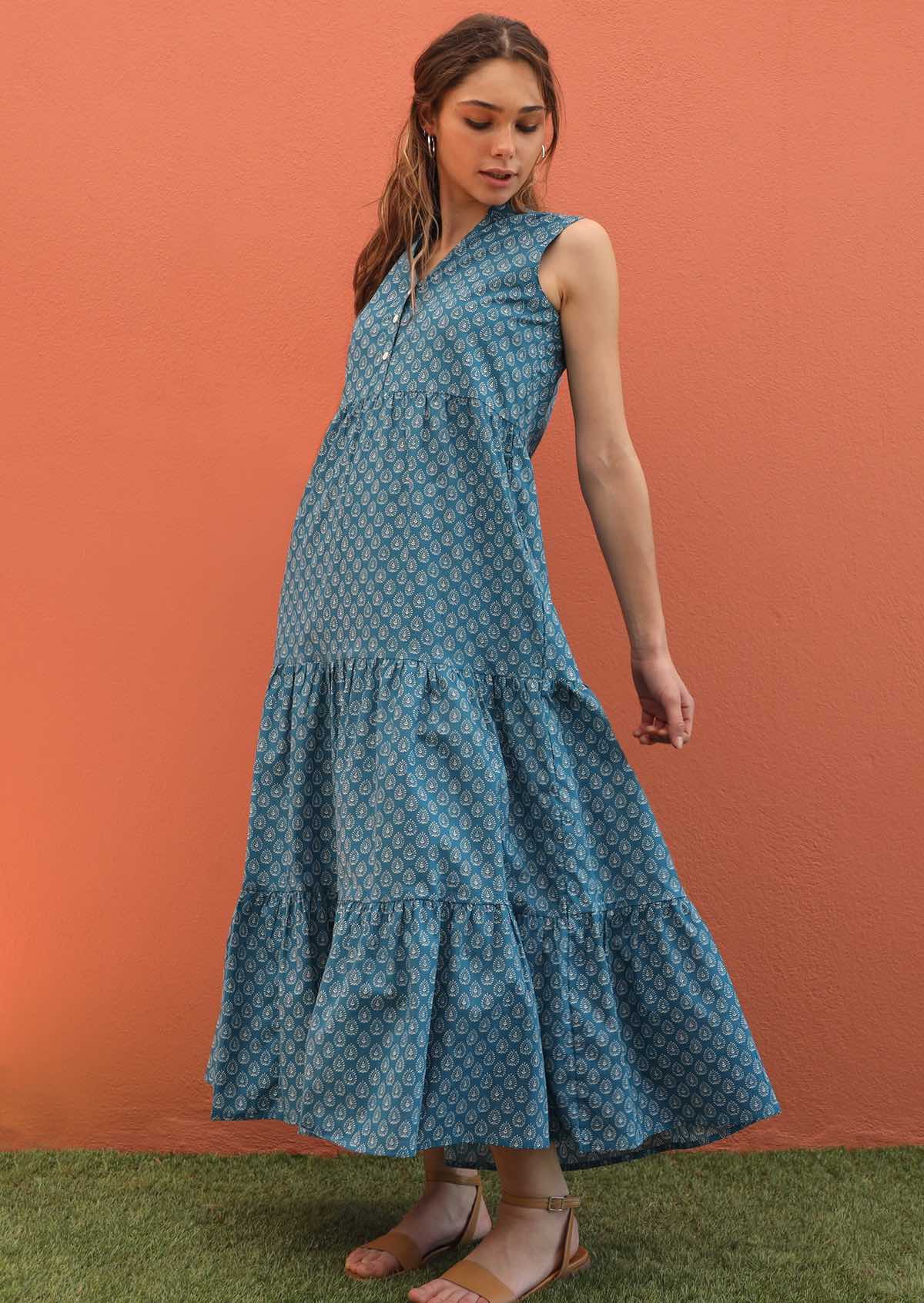 Blue cotton maxi dress with voluminous tiered skirt