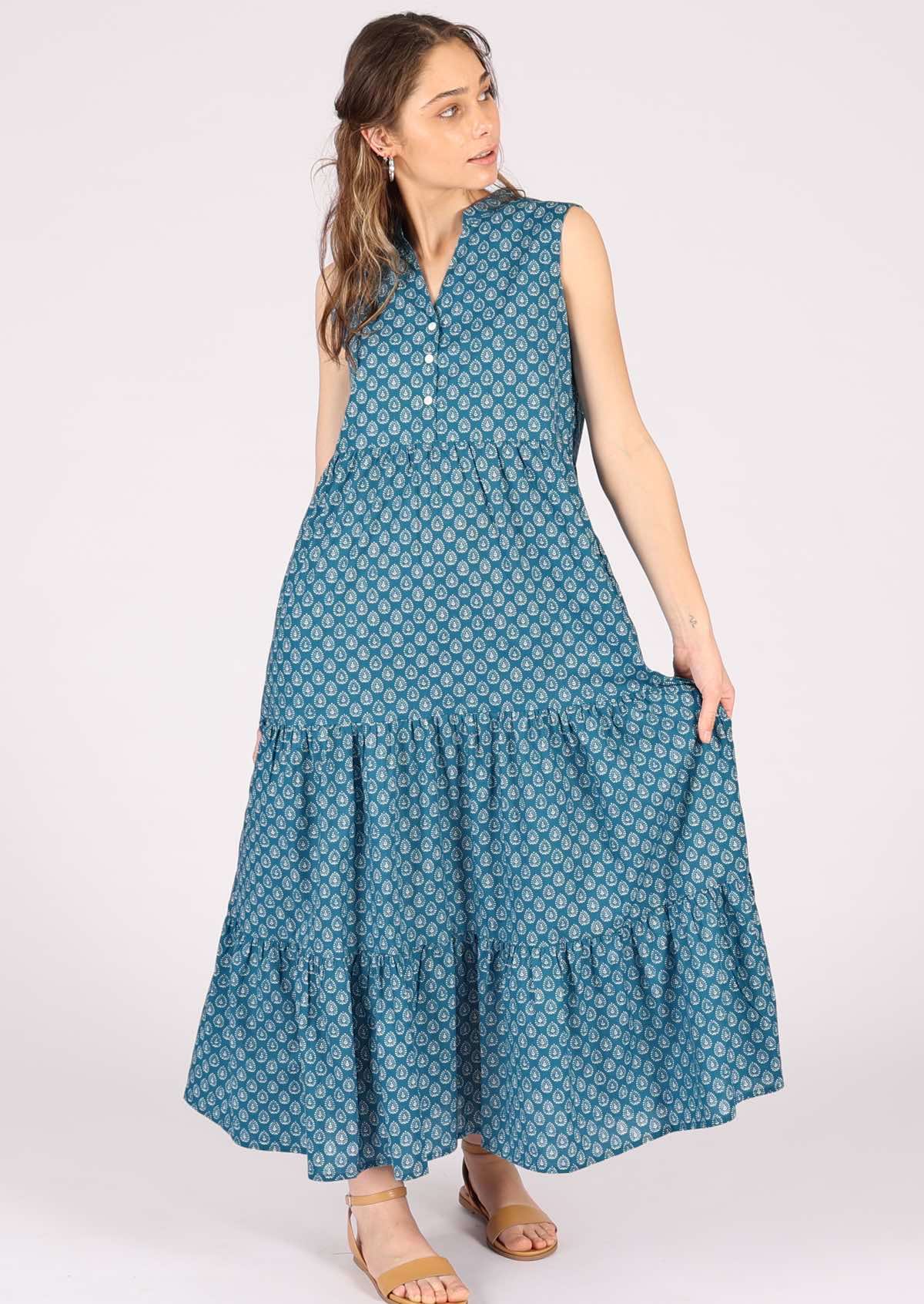 Sleeveless cotton maxi dress with buttoned bodice