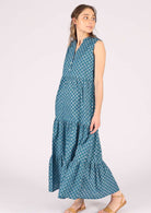 Three tiered maxi dress with delicate white pendant print on blue base