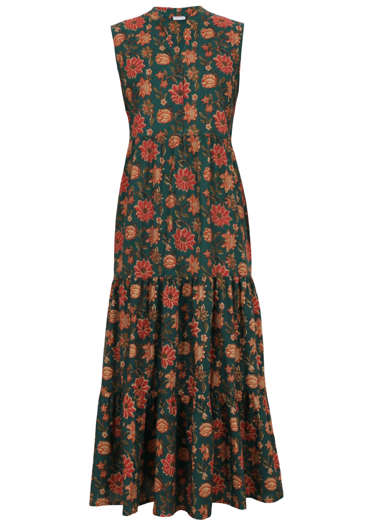 Sleevesless cotton maxi dress in dark green based floral print.