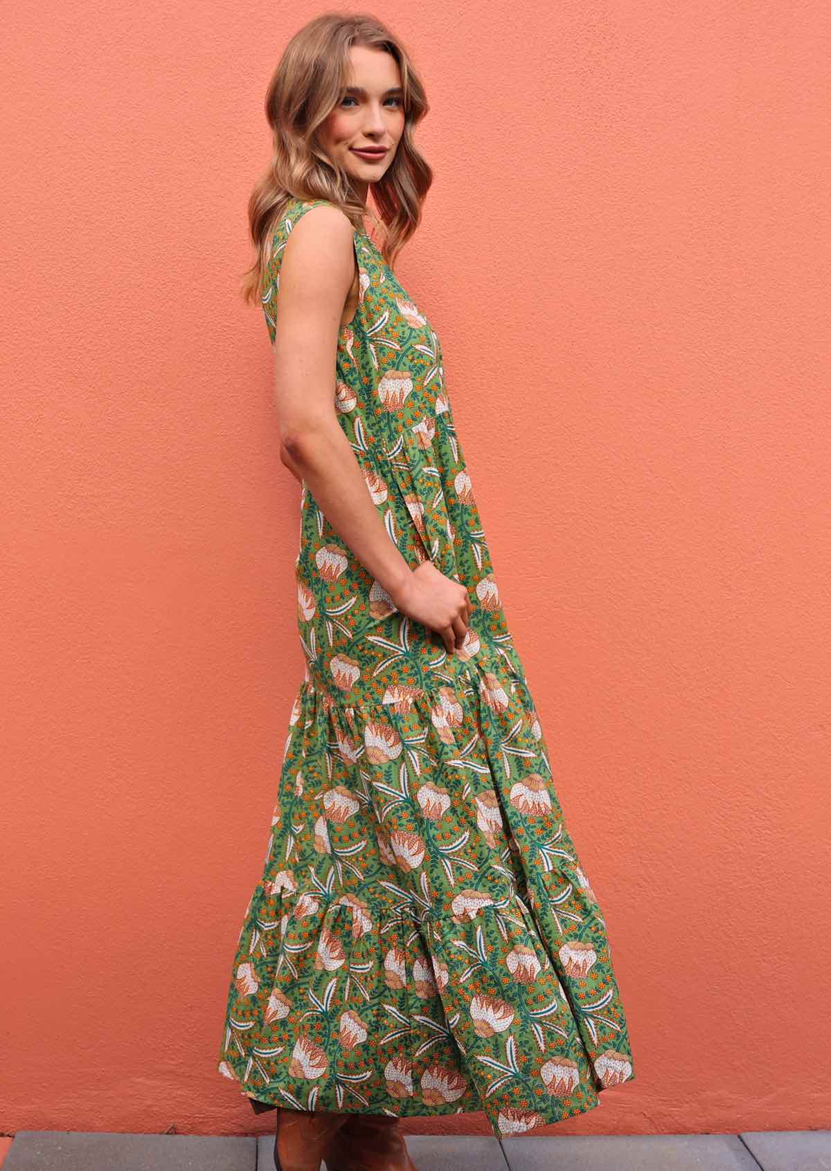 boho green dress OLIVE PRINT MAXI WITH SMOCKED WAIST AND POCKETS Floral / 8 A classic bohemian fall maxi dress featuring a flattering empire silhouette Bohemian Dress 100 Percent Cotton
