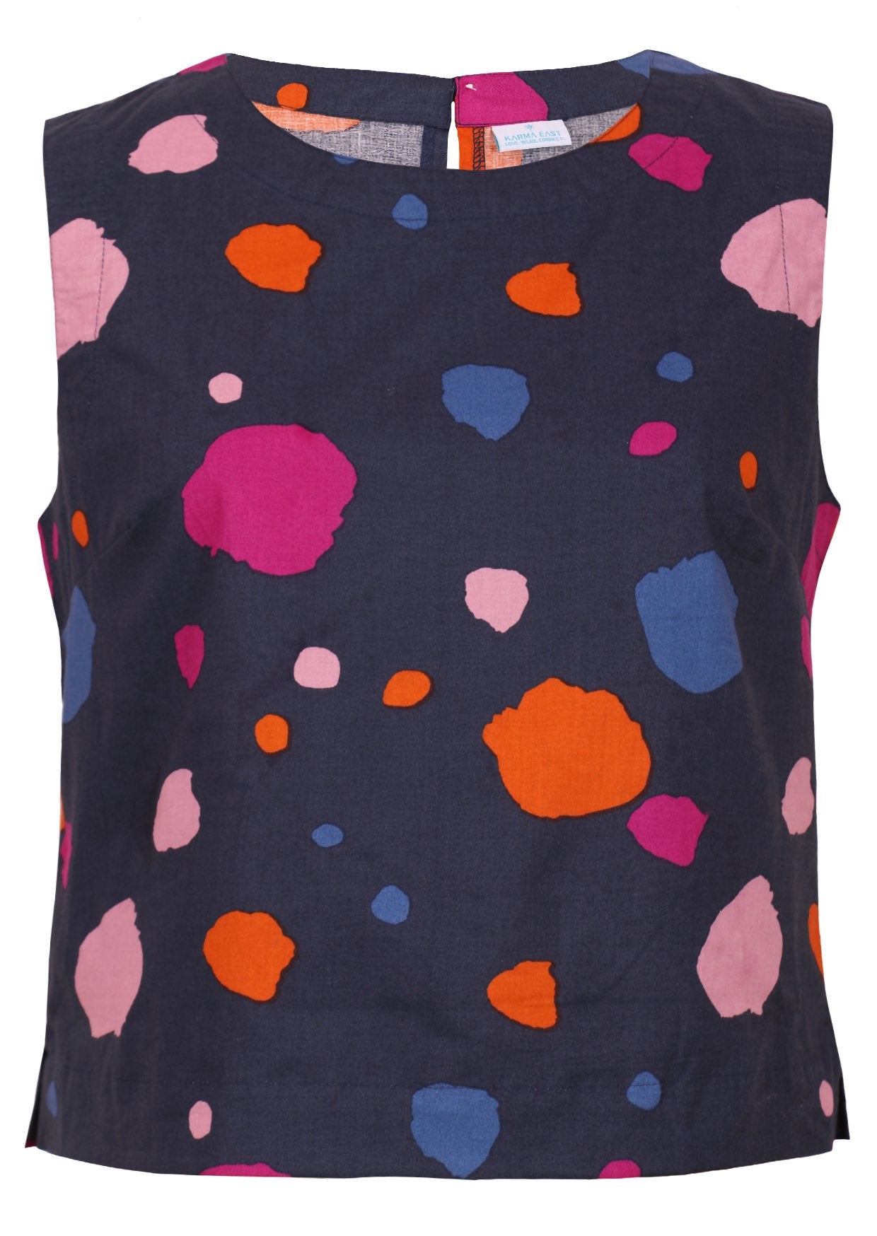 100% cotton relaxed fit sleeveless top with round neckline