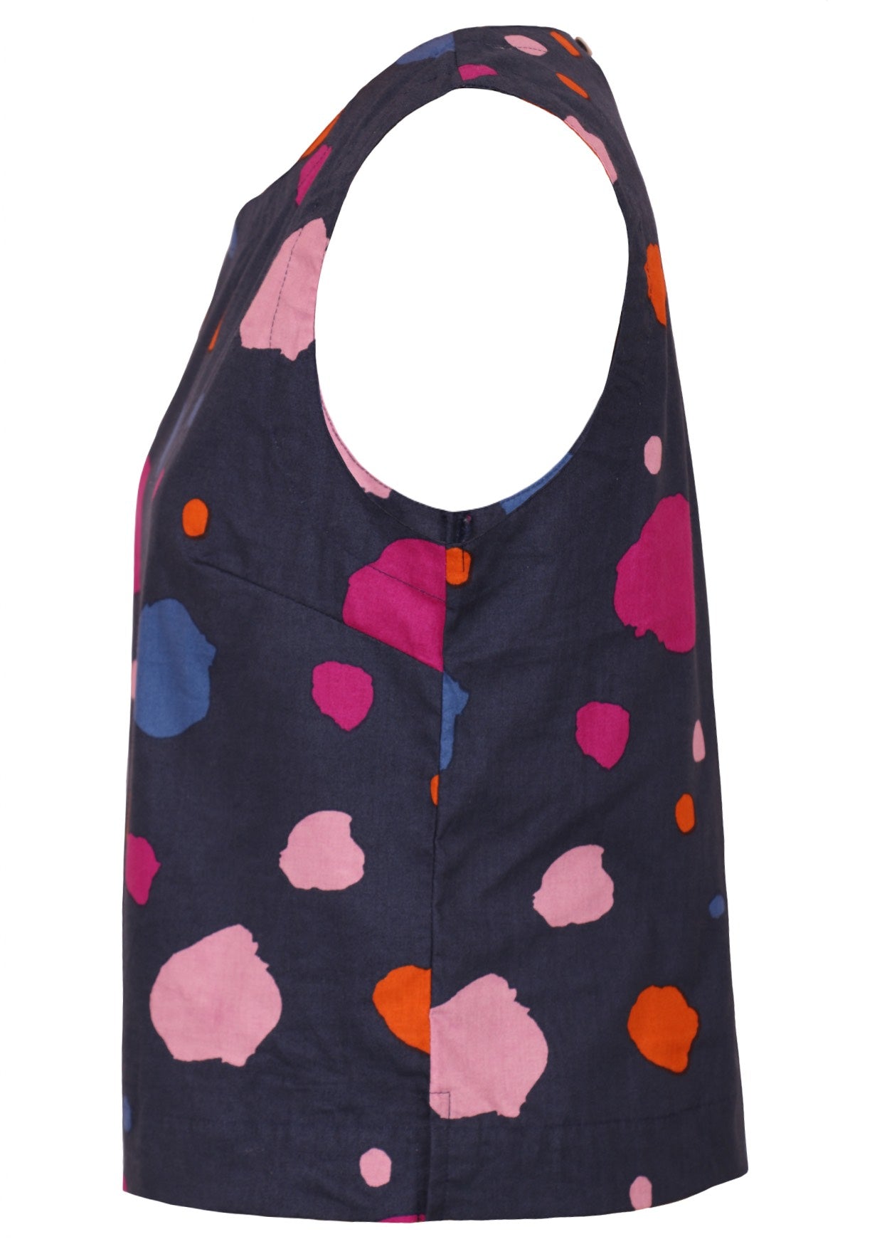Navy blue sleeveless cotton top with side bust darts.