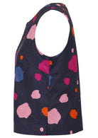 Navy blue sleeveless cotton top with side bust darts.