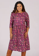 100% cotton dress with wide round neckline and 3/4 sleeves