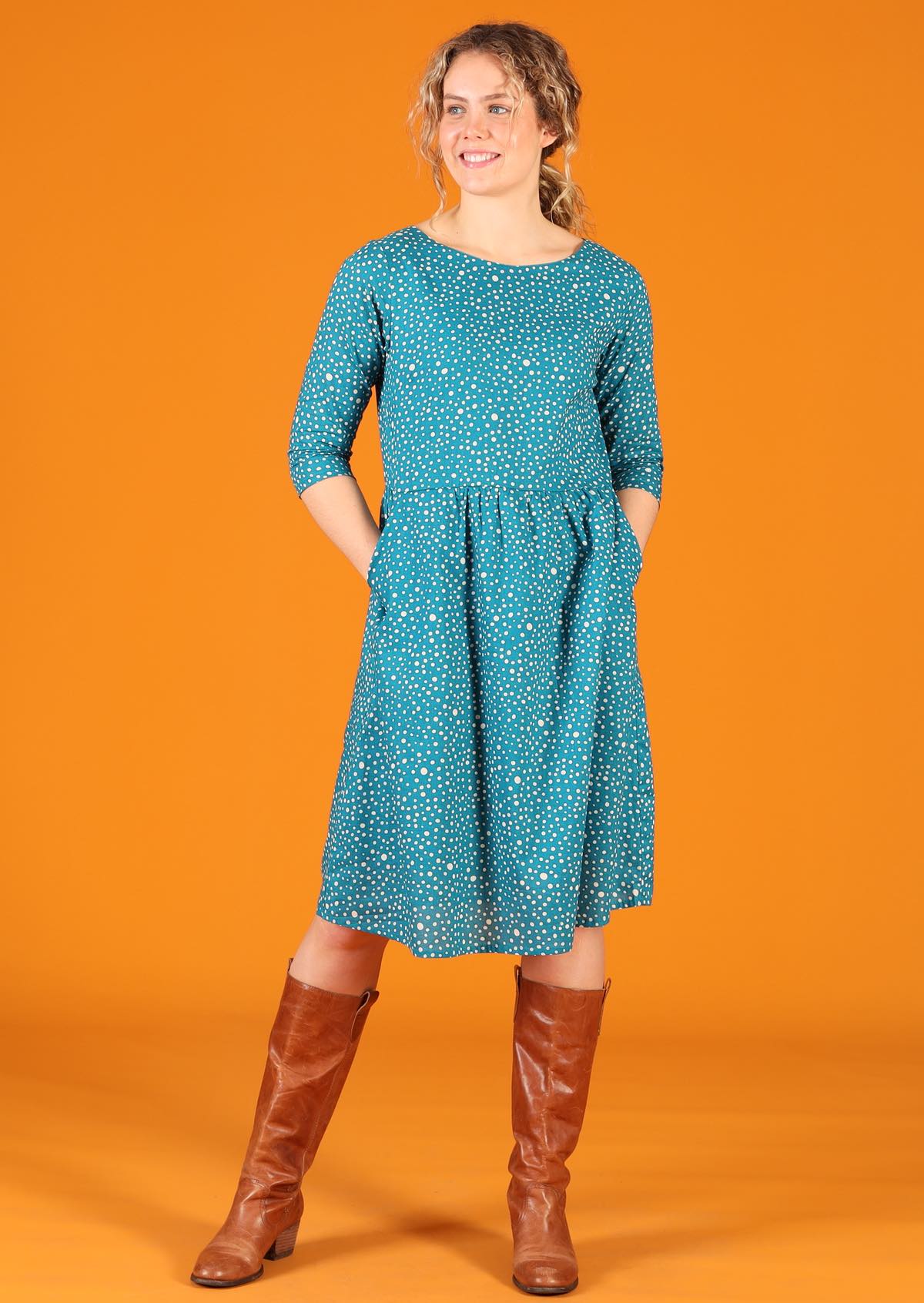 round neck cotton teal dotty dress with pockets