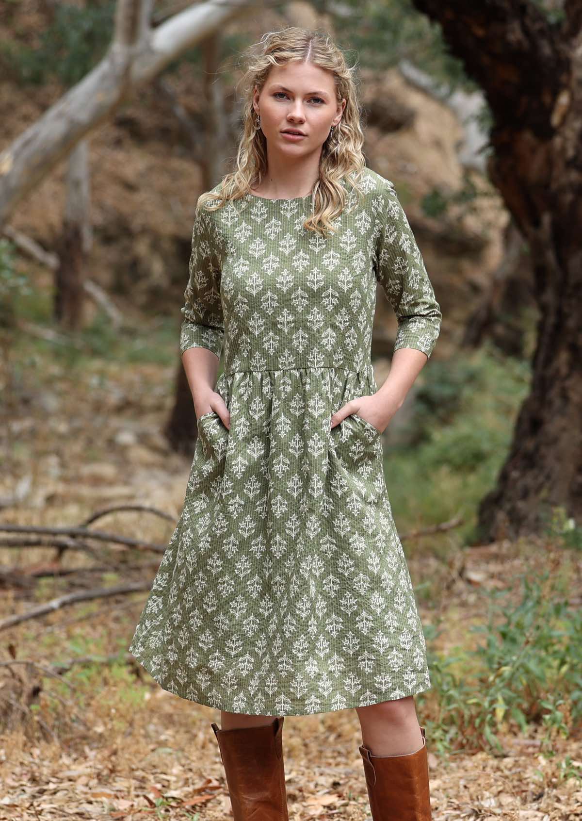 Green base cotton with flowers and kantha stitching dress with pockets