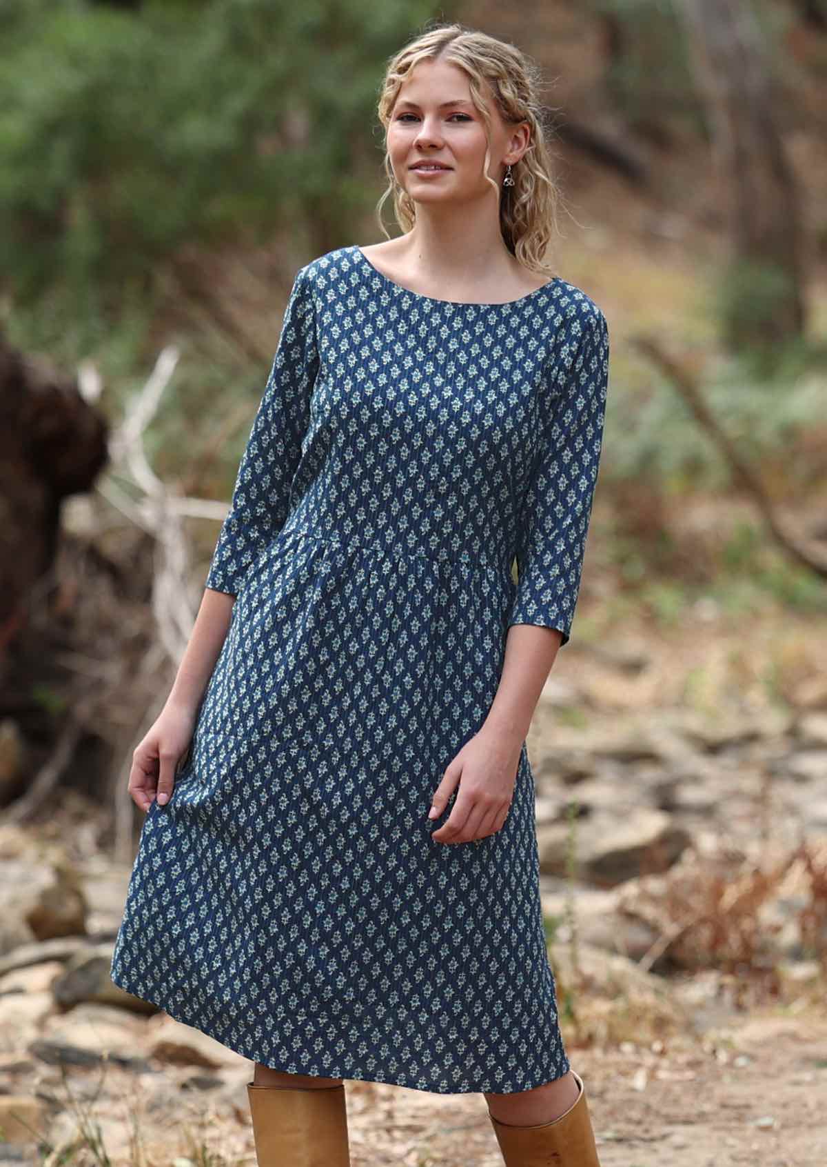 Blue base cotton dress with delicate flower print