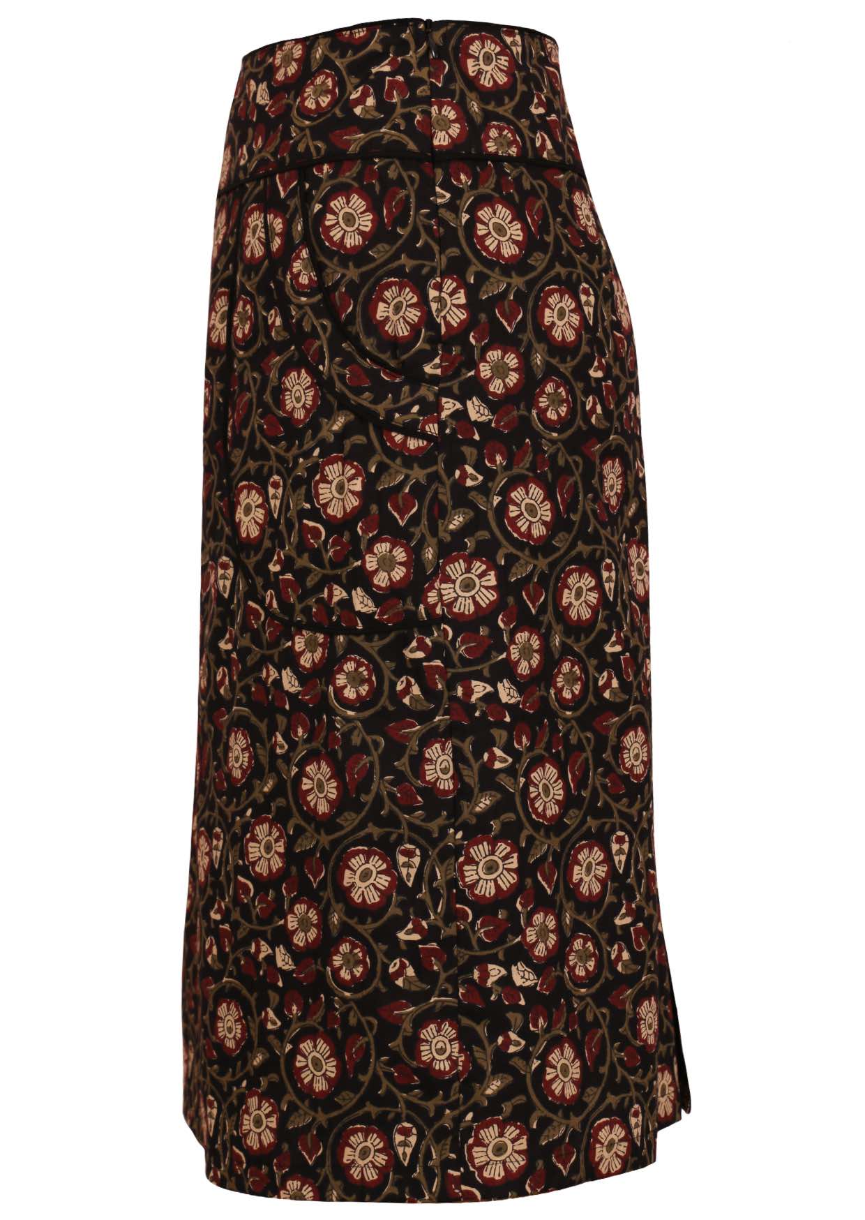 Cotton pencil skirt with side zipper, piped details on pockets and waistband.