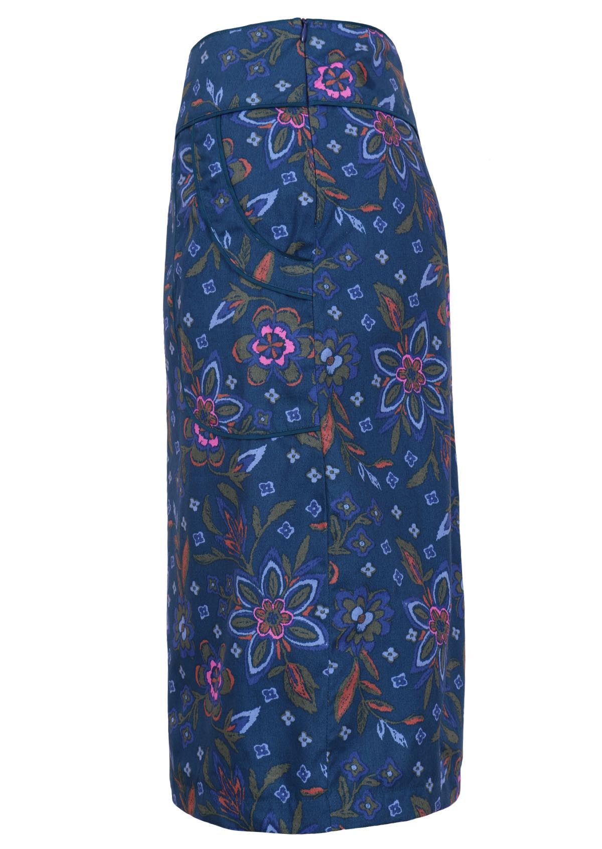 Blue based skirt with green, orange and pink florals featuring pockets. 
