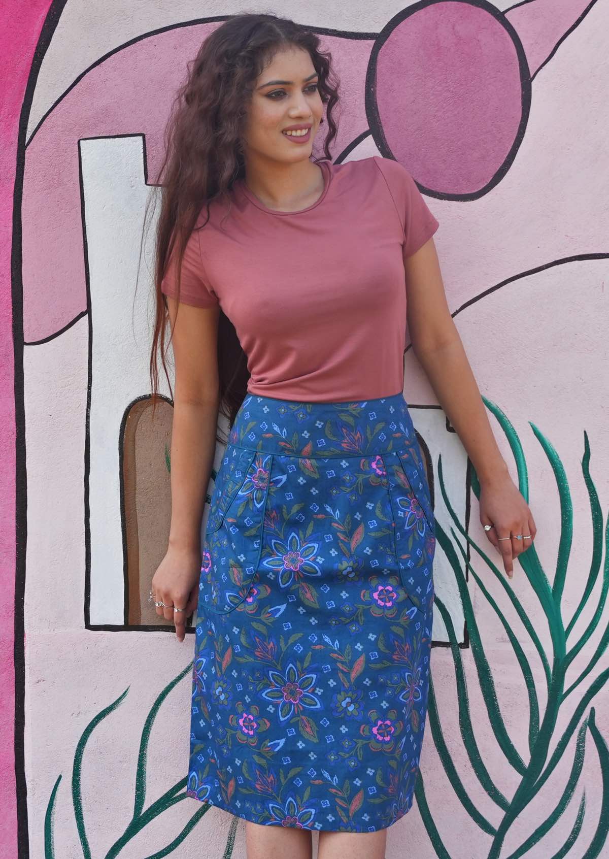 Blue base floral print cotton high waisted pencil skirt