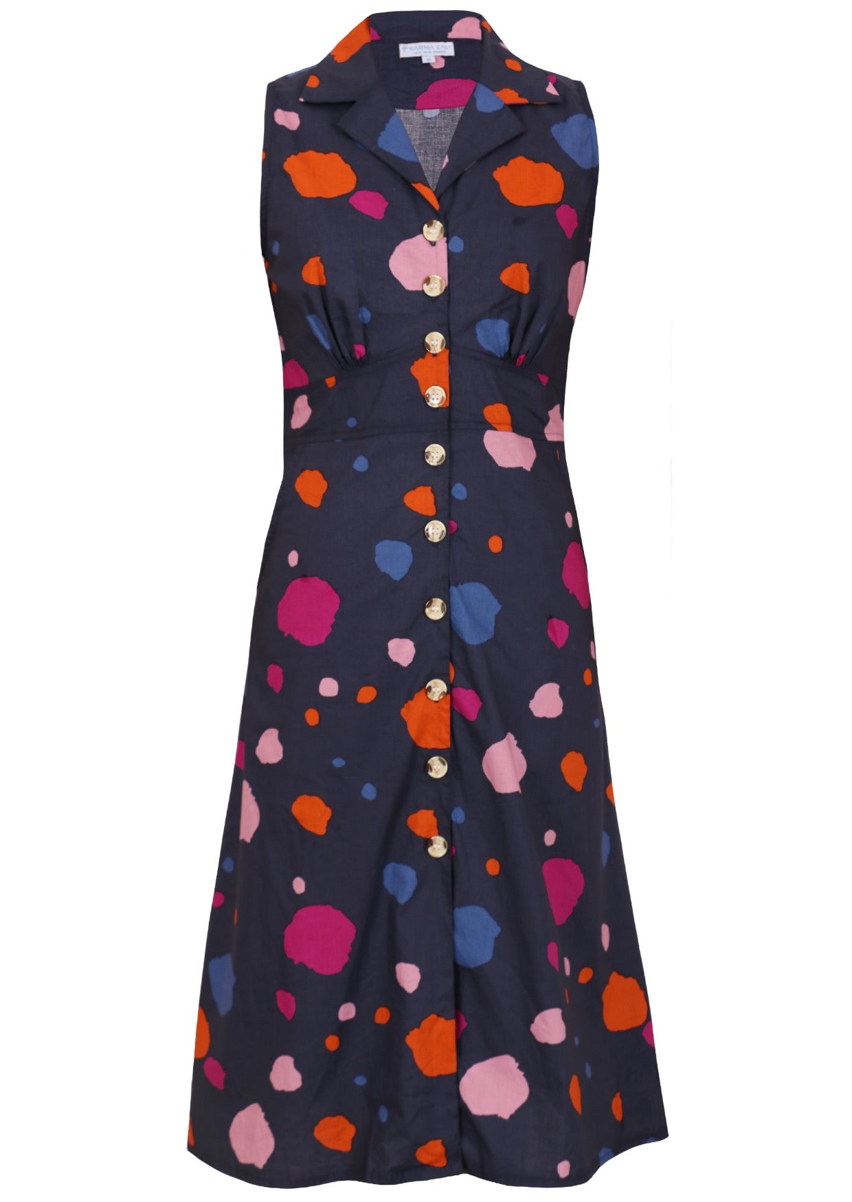 Sleeveless, button through dress with collar, gathers under the bust and pockets in navy based colorful spot print.