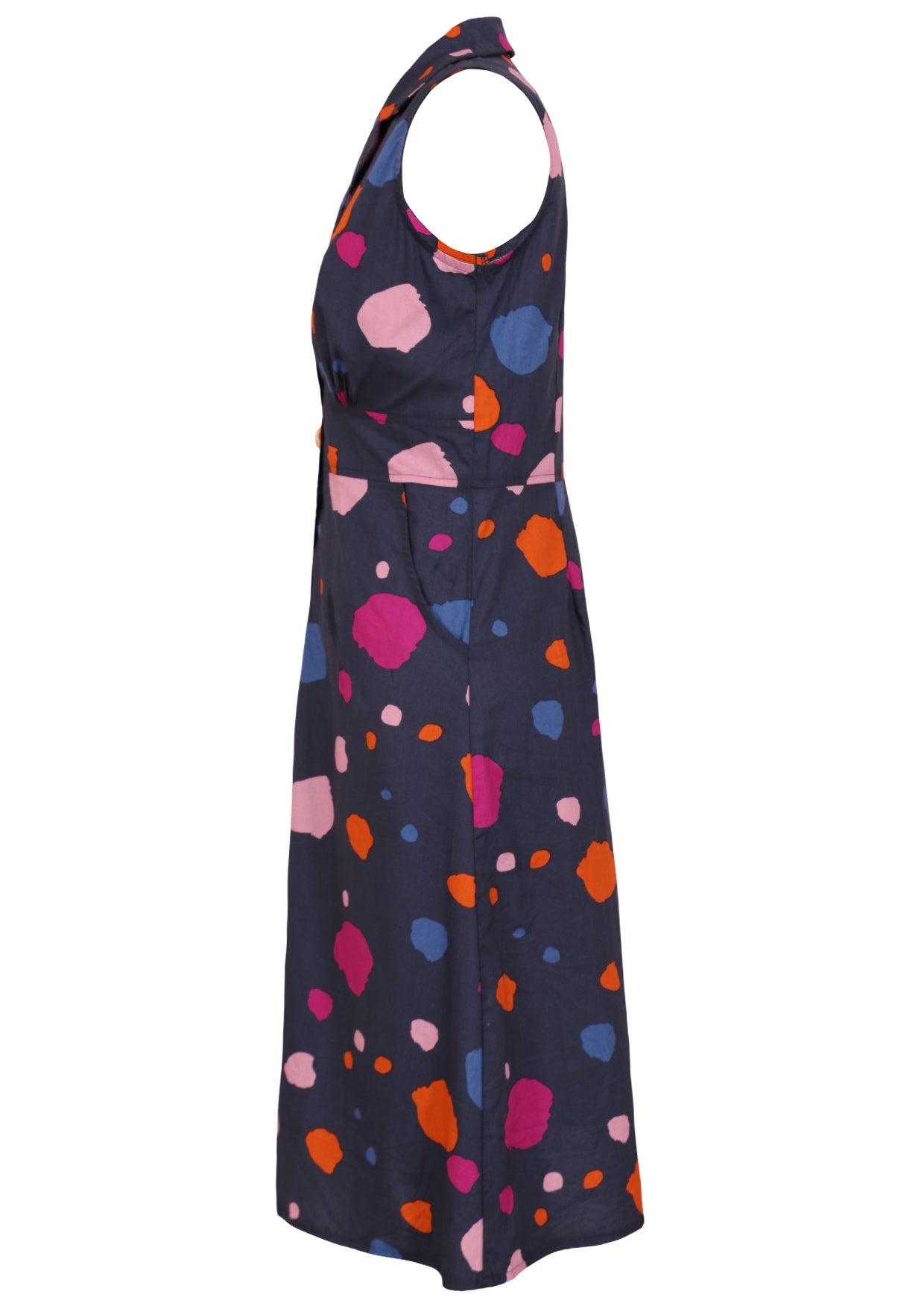 Side image of midi length cotton dress with pockets and collar 
