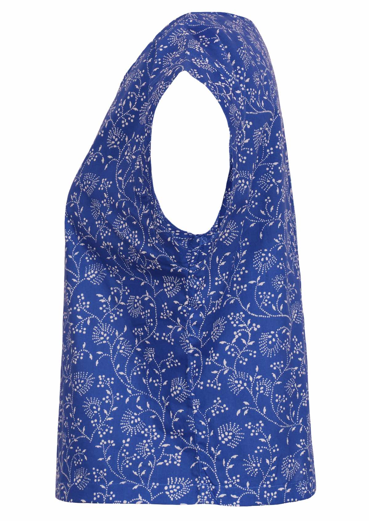 Blue based cotton top has a delicate floral pattern and cap sleeves. 