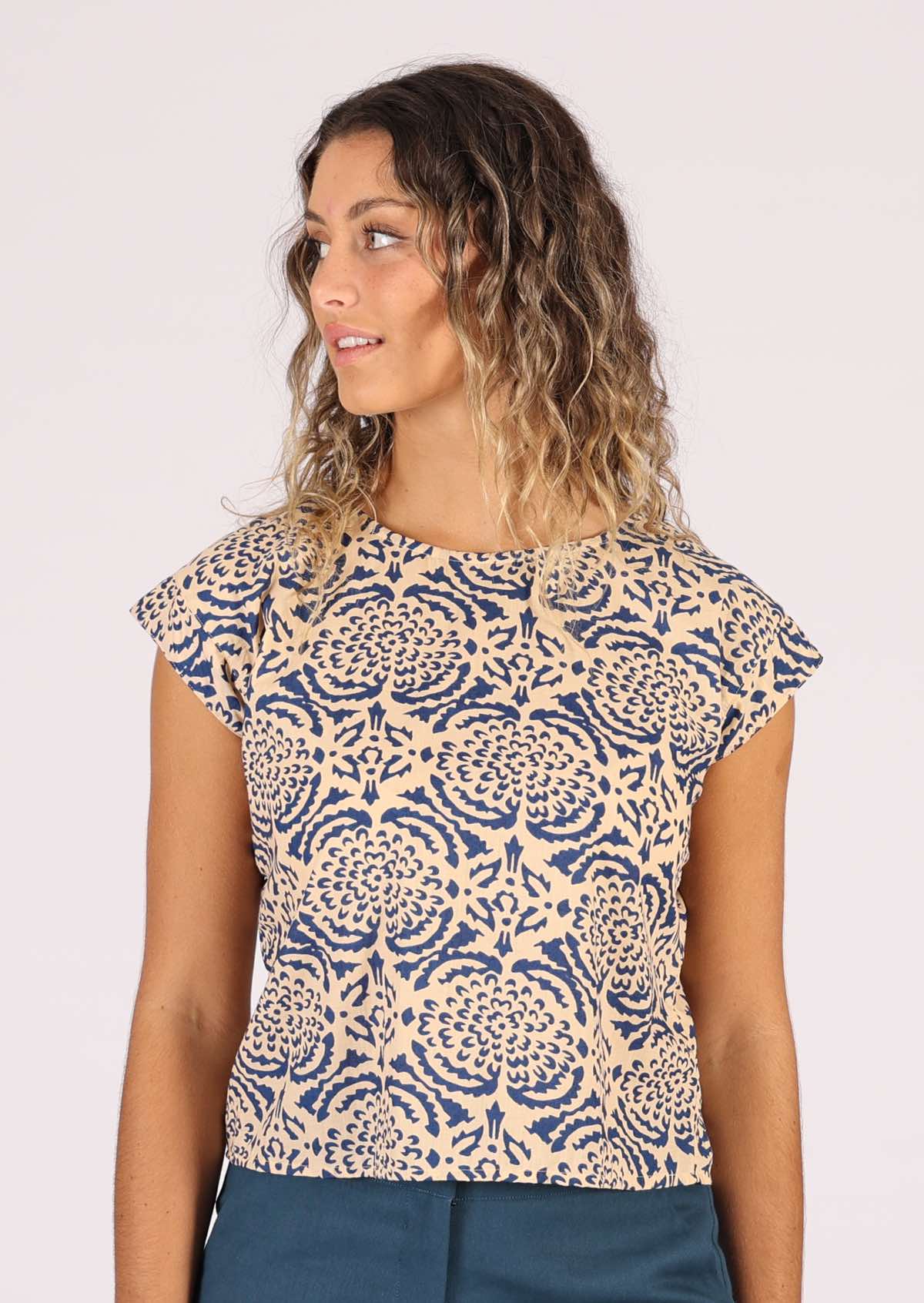 Simple cotton cap sleeve top with blue block print on cream base