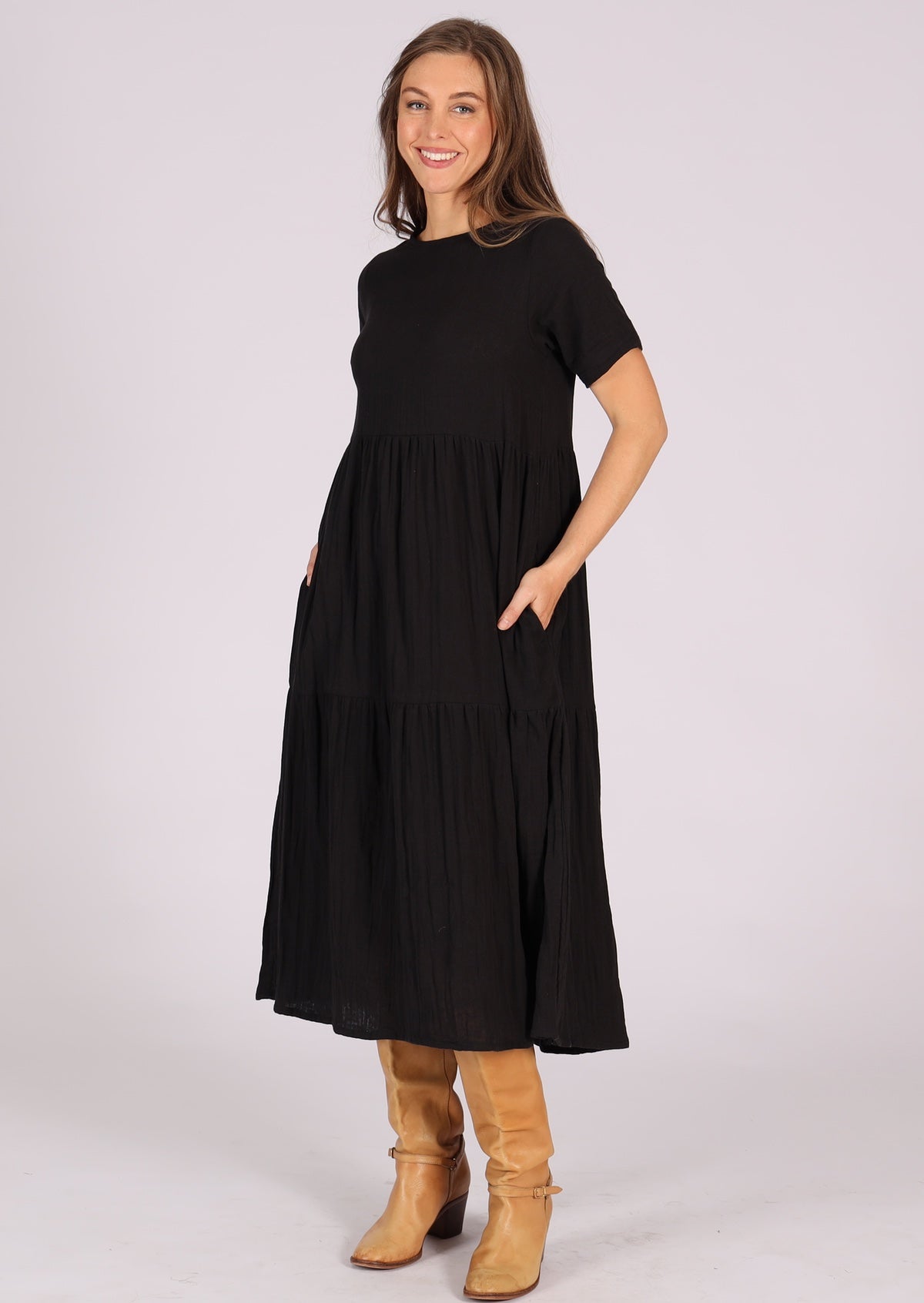 Black lightweight cotton tiered dress with short sleeves and pockets