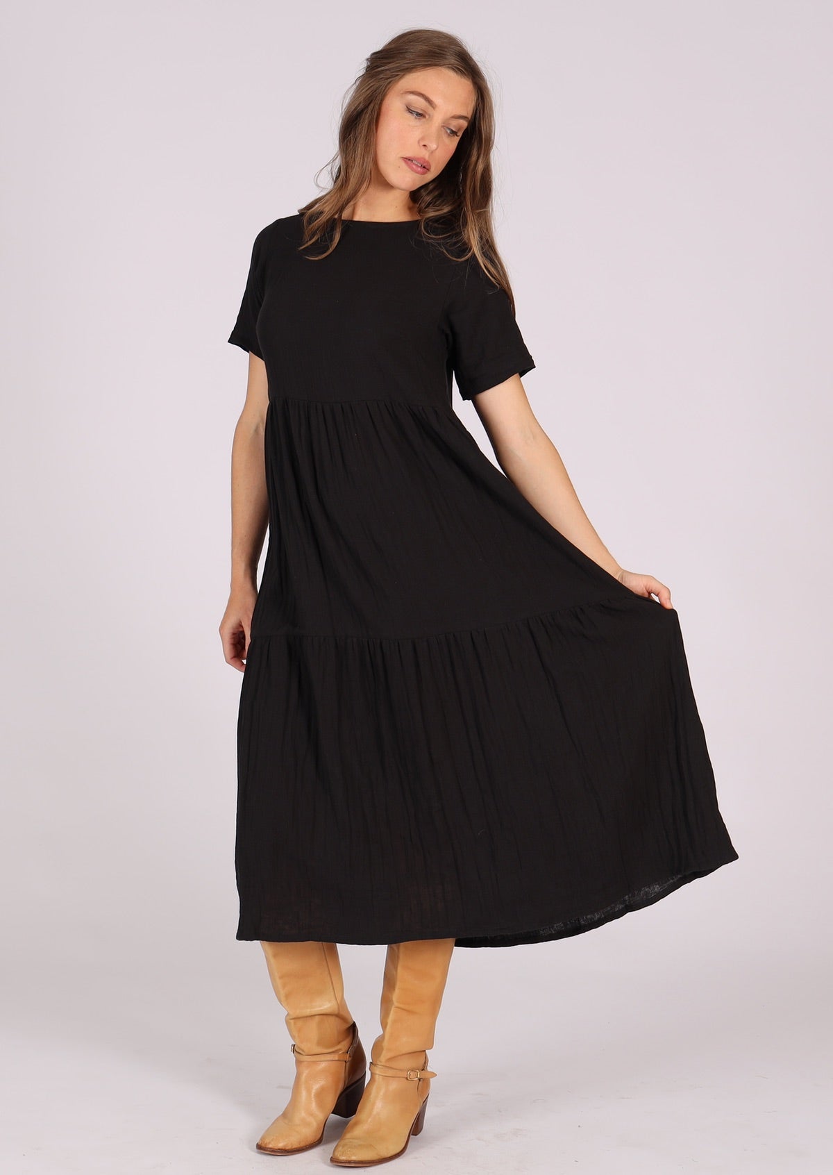 Relaxed fit black double cotton dress with 3 tiers