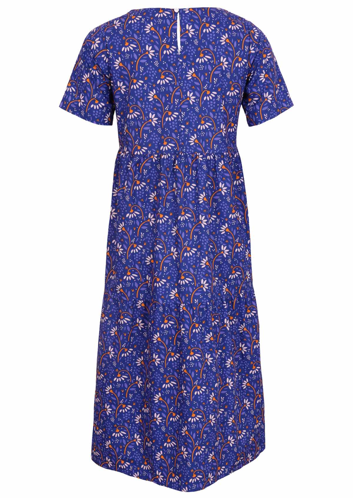 Blue based tiered cotton dress with a keyhole button back closure. 