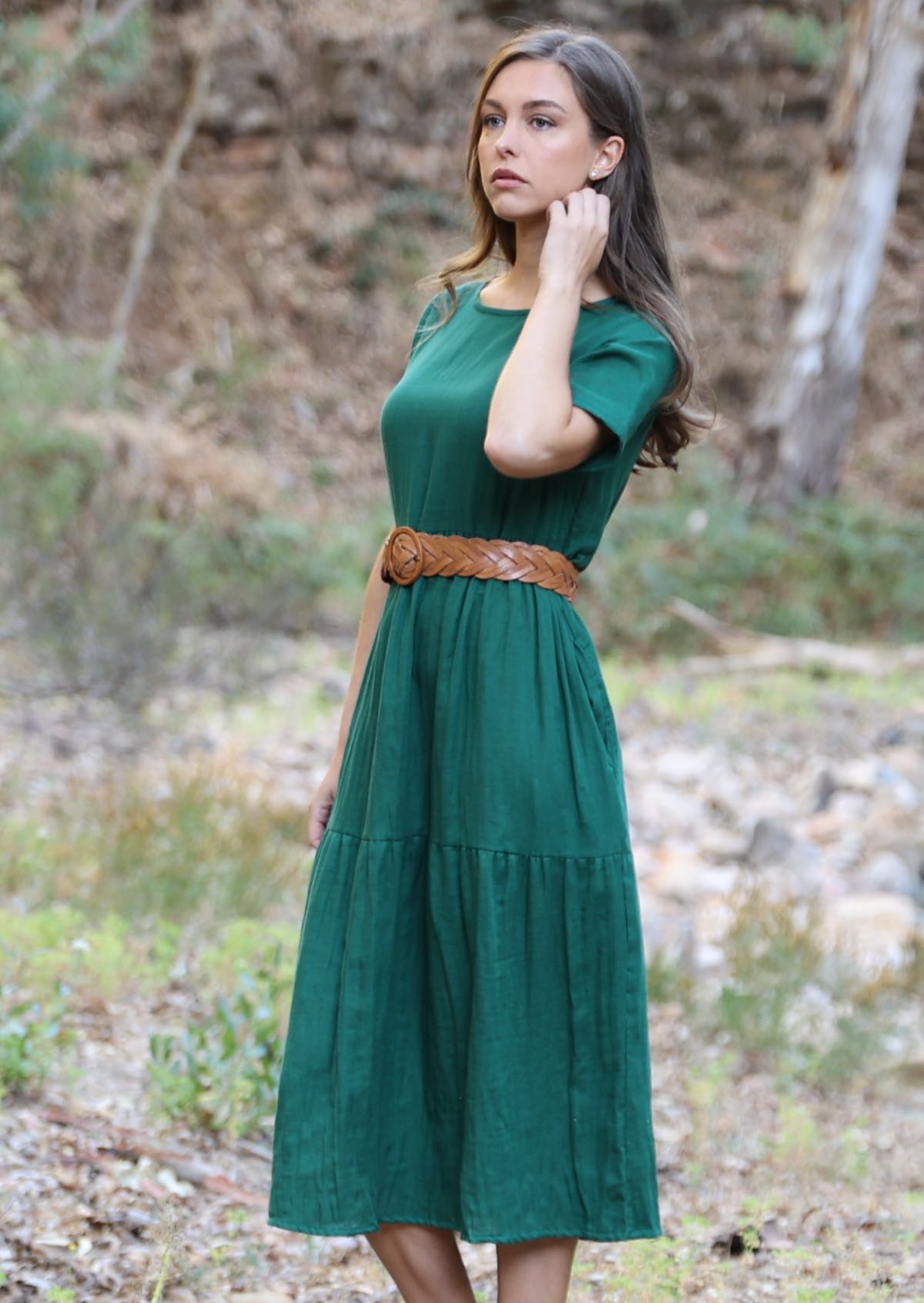 Green double cotton dress looks great with belt
