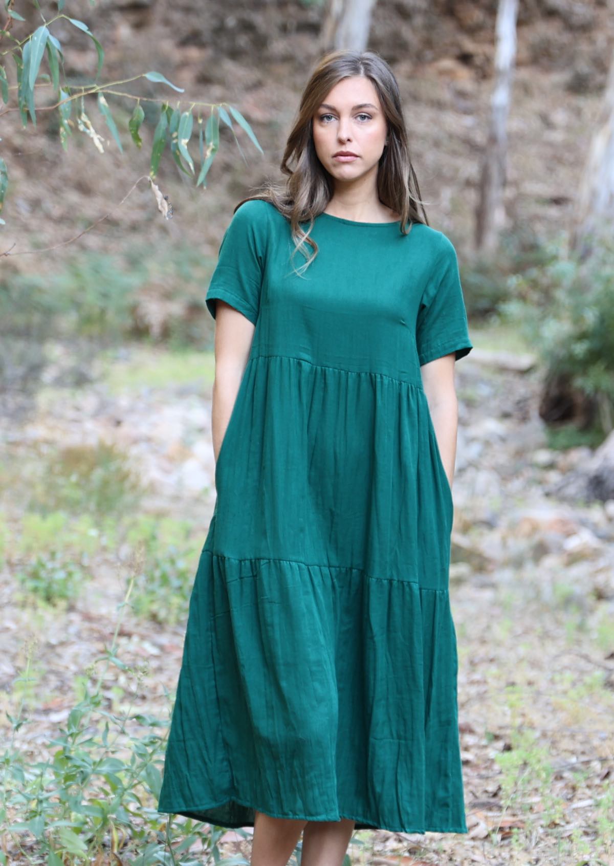 Green three tiered double cotton dress with pockets