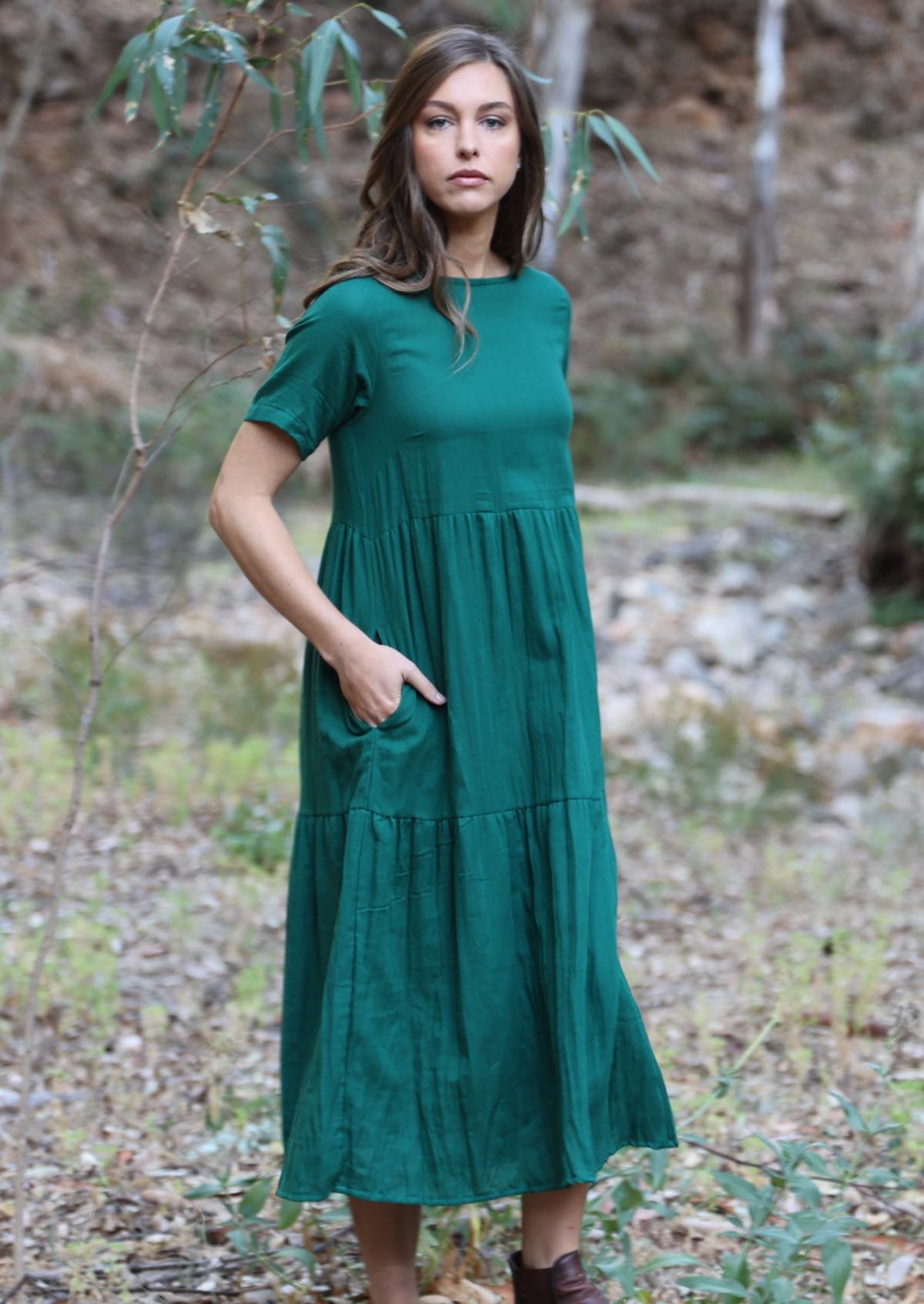 Short sleeve double cotton dress with hidden side pockets