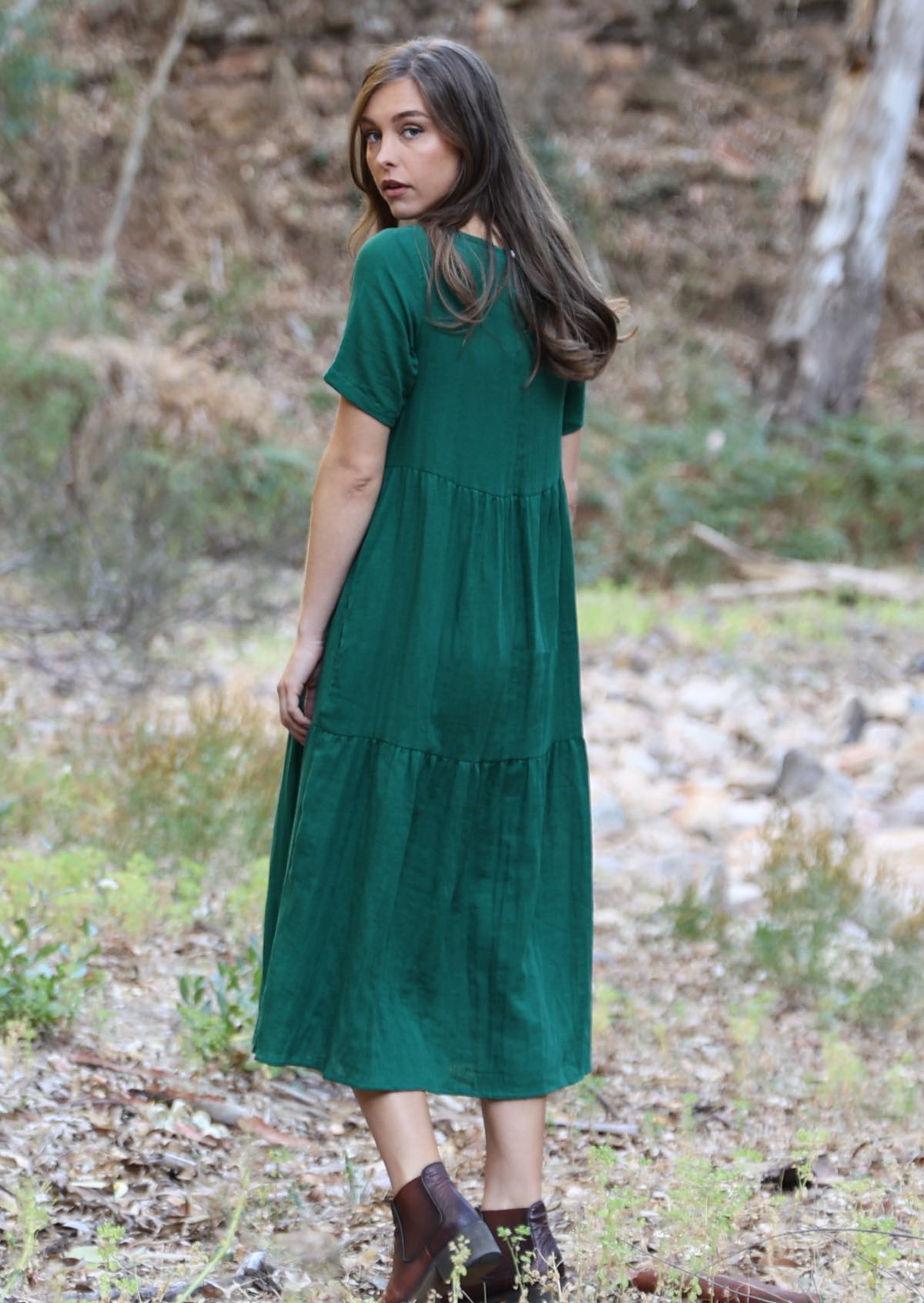 Short sleeve midi length green cotton dress