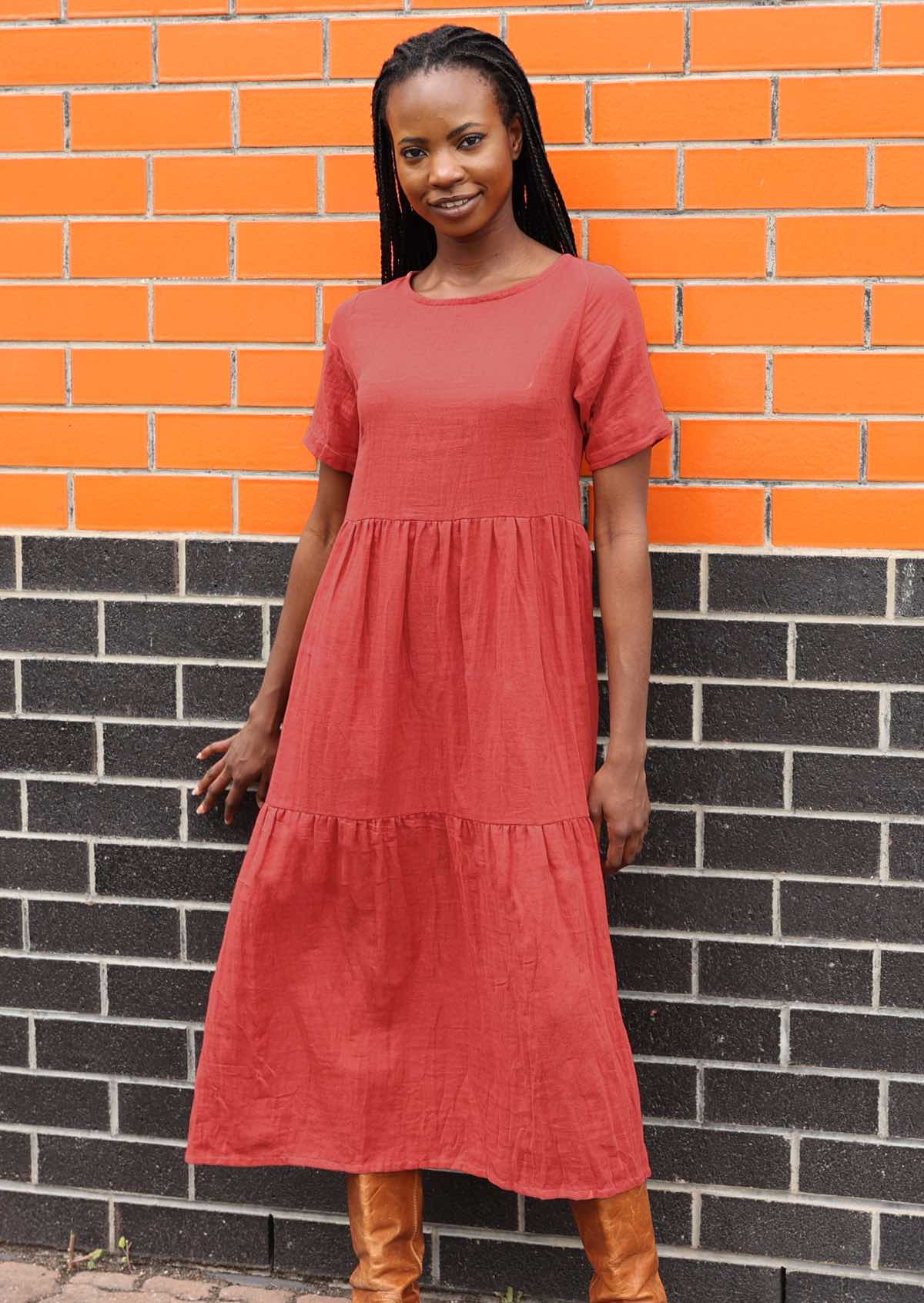 Terracotta coloured double layered cotton gauze tiered dress