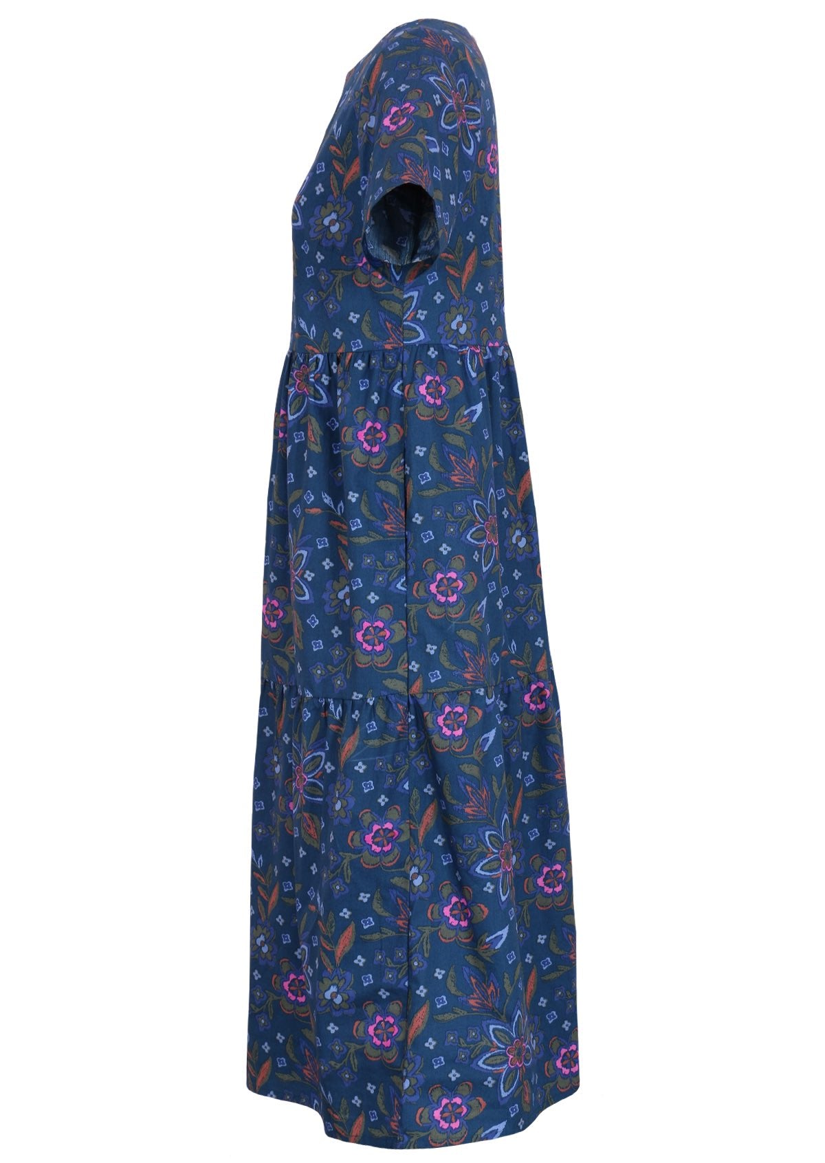 Blue floral dress features tiers and t-shirt sleeves. 