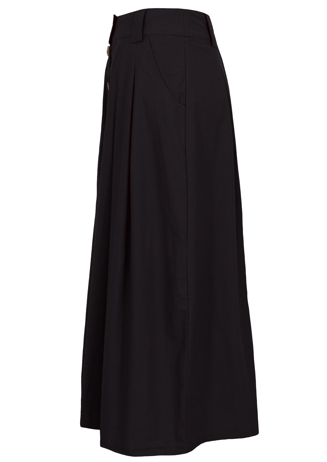 Side view of 100% cotton black maxi skirt with belt loops, side pockets and box pleats at front and back 