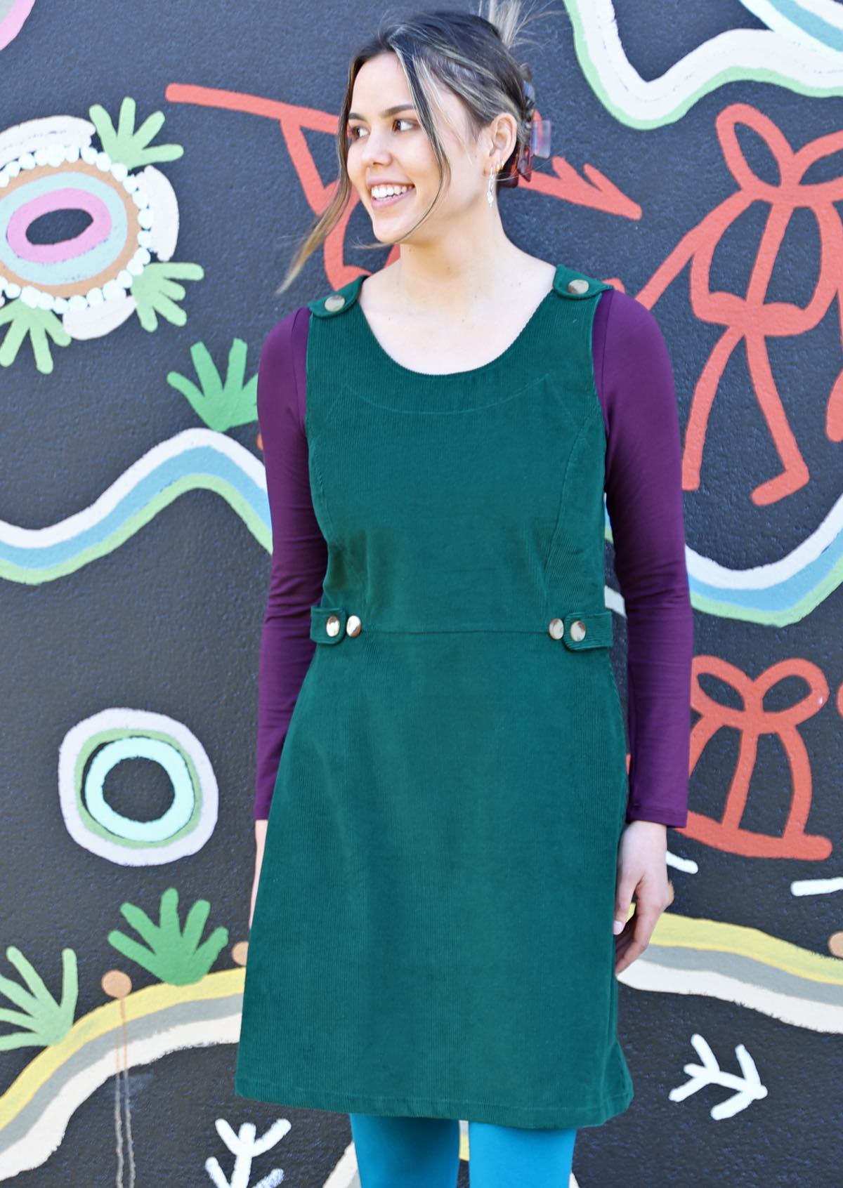 Model wears forest green 100% cotton cord tunic