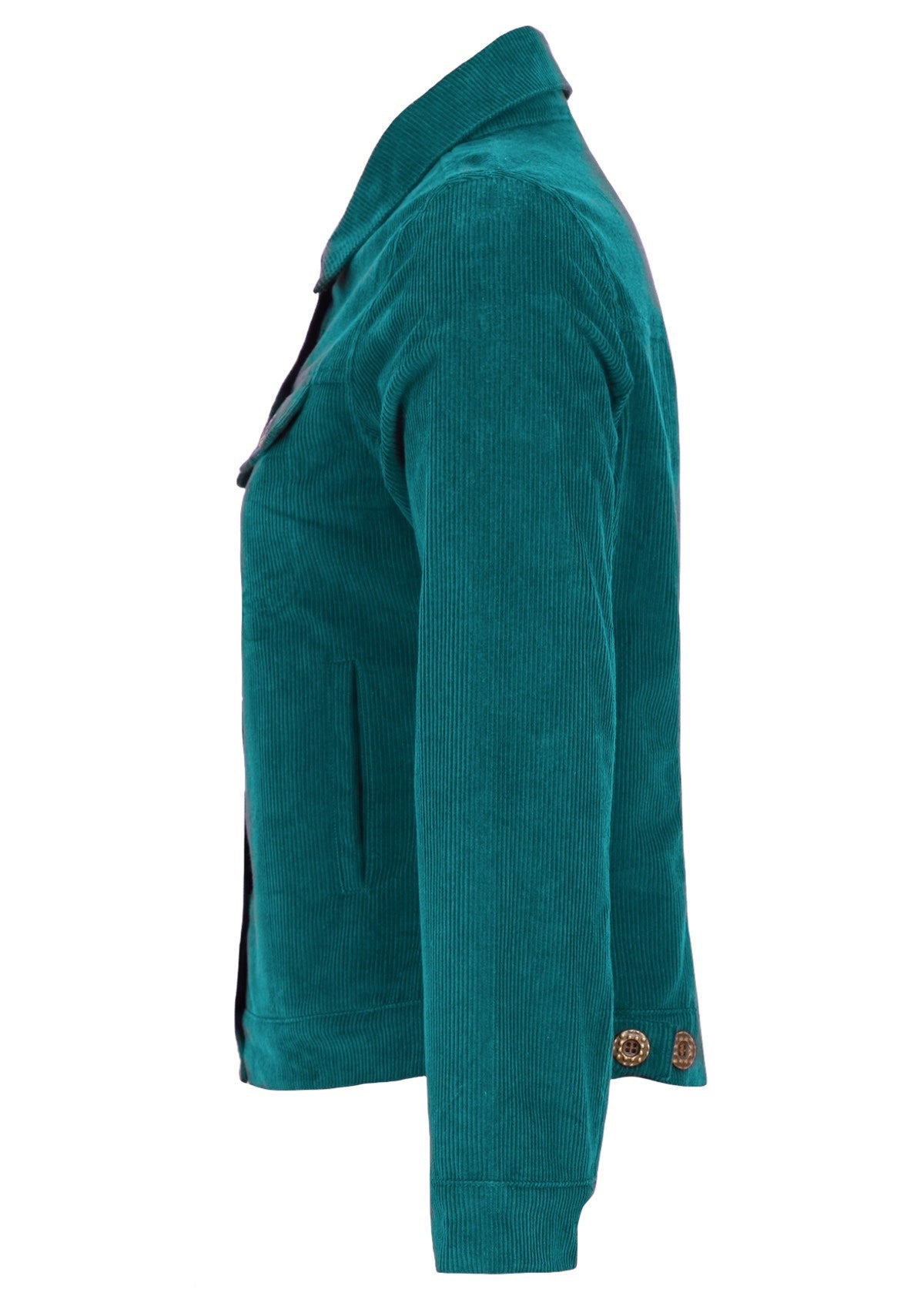 Deep teal corduroy jacket has long sleeves and pockets. 