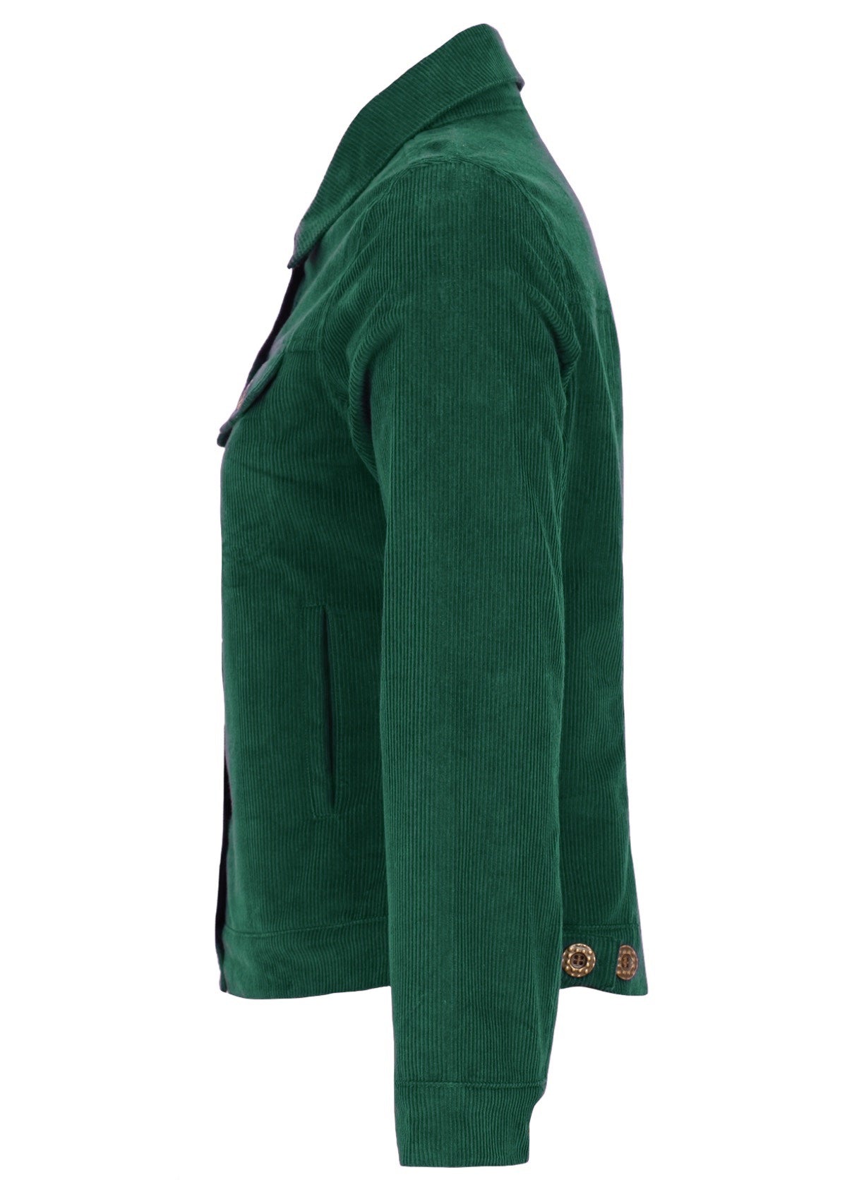 Green cotton corduroy jacket can be work open or closed with brass buttons. 