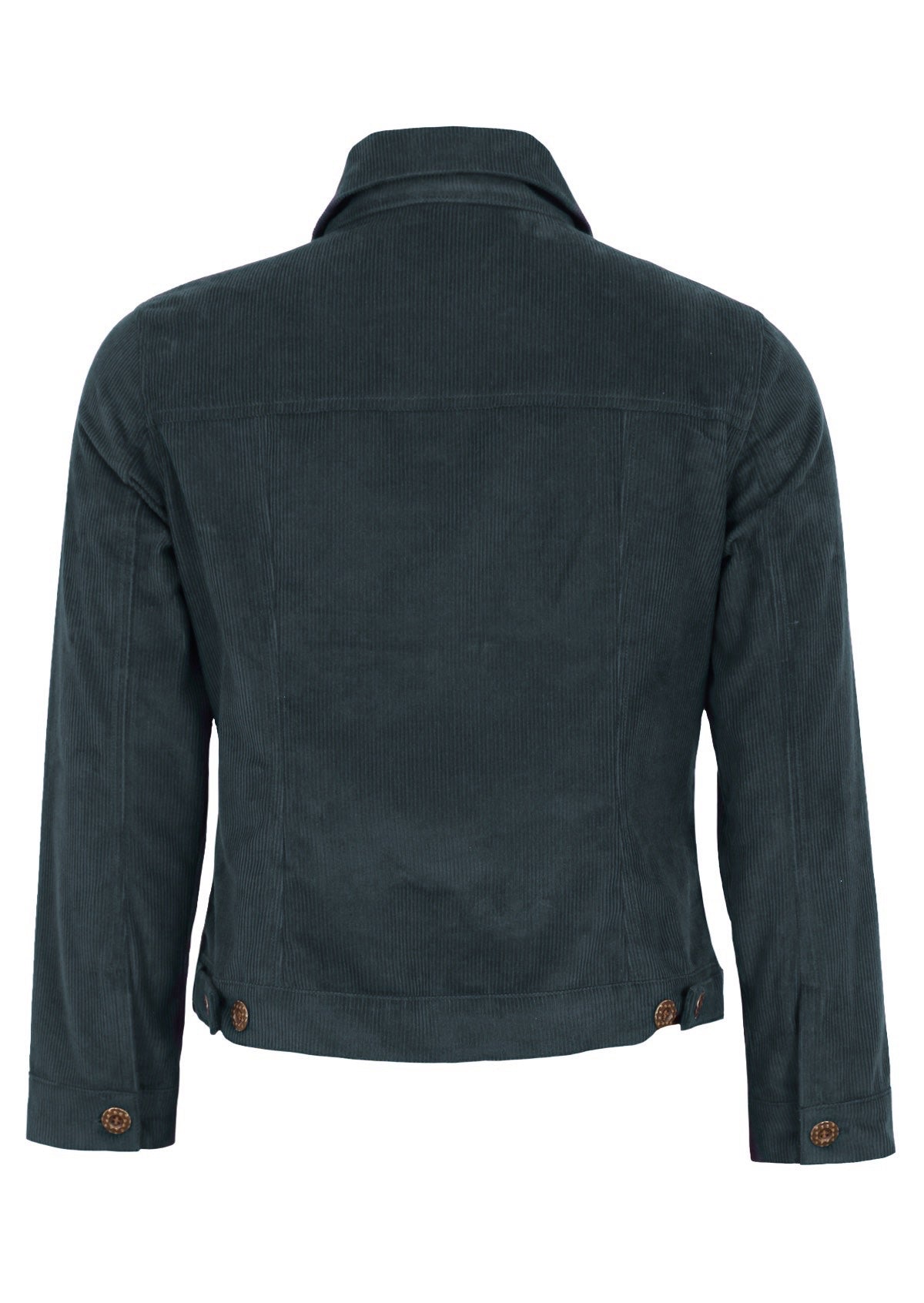 Grey corduroy jacket can be tightened or loosened with adjustable tabs. 