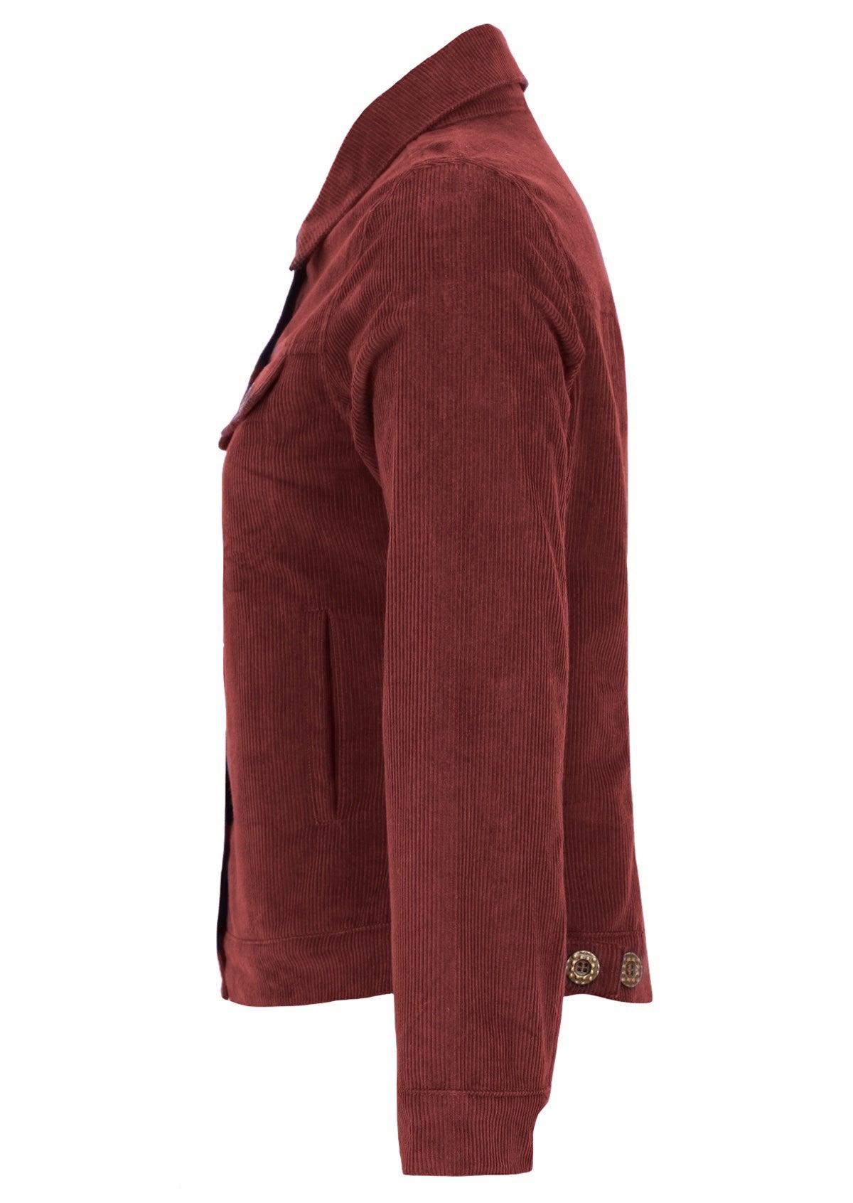 Zinfandel red corduroy jacket has 4 pockets. 