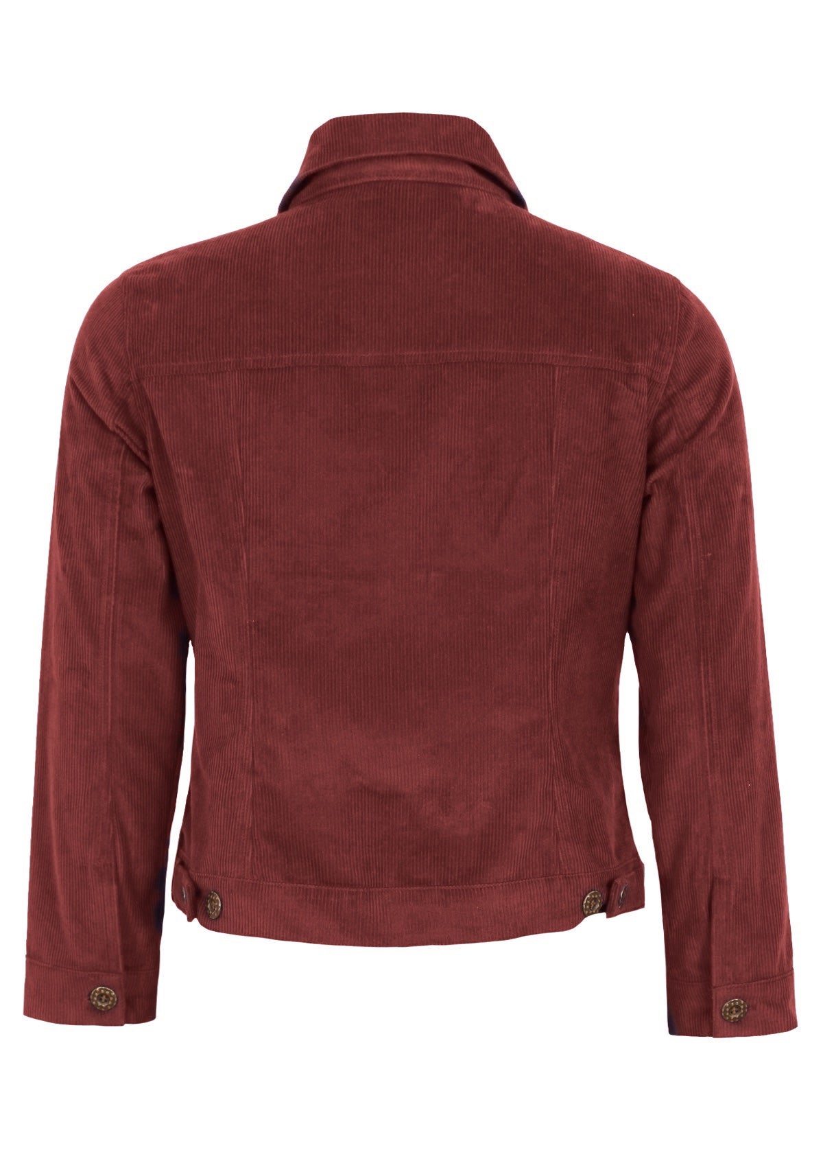 100% cotton corduroy jacket in zinfandel red has adjustable tabs for a perfect fit. 